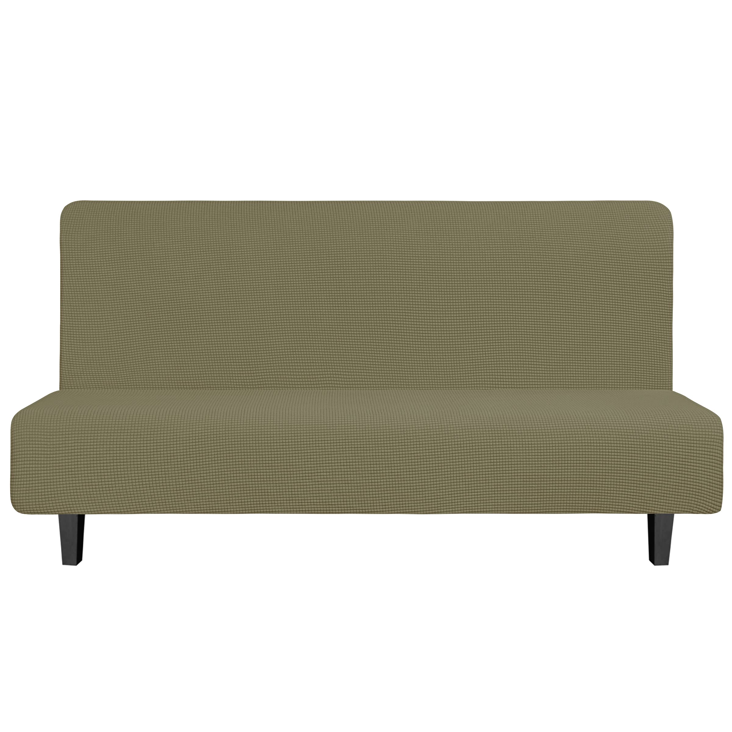 Easy-Going Stretch Futon Slipcover Armless Futon Bed Cover Furniture Protector Without Armrests With Elastic Bottom For Kids, Soft Jacquard Fabric Small Checks (Large, Khaki)