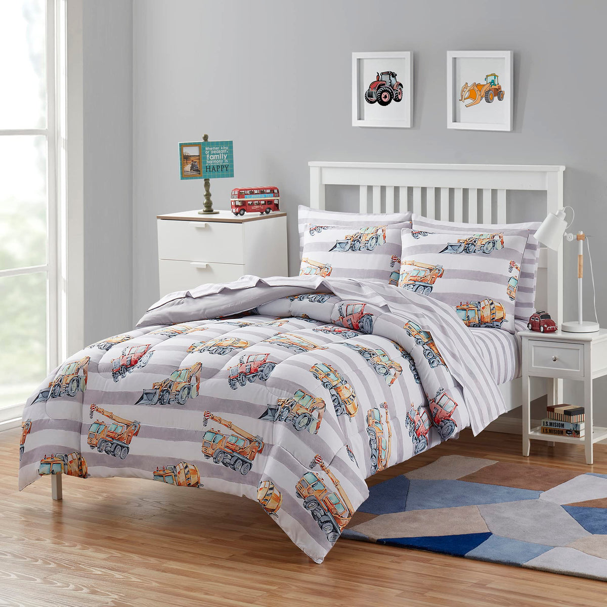 Kids Bedding Set Bed In A Bag For Boys And Girls Toddlers Printed Sheet Set And Comforter , Full, Trucks
