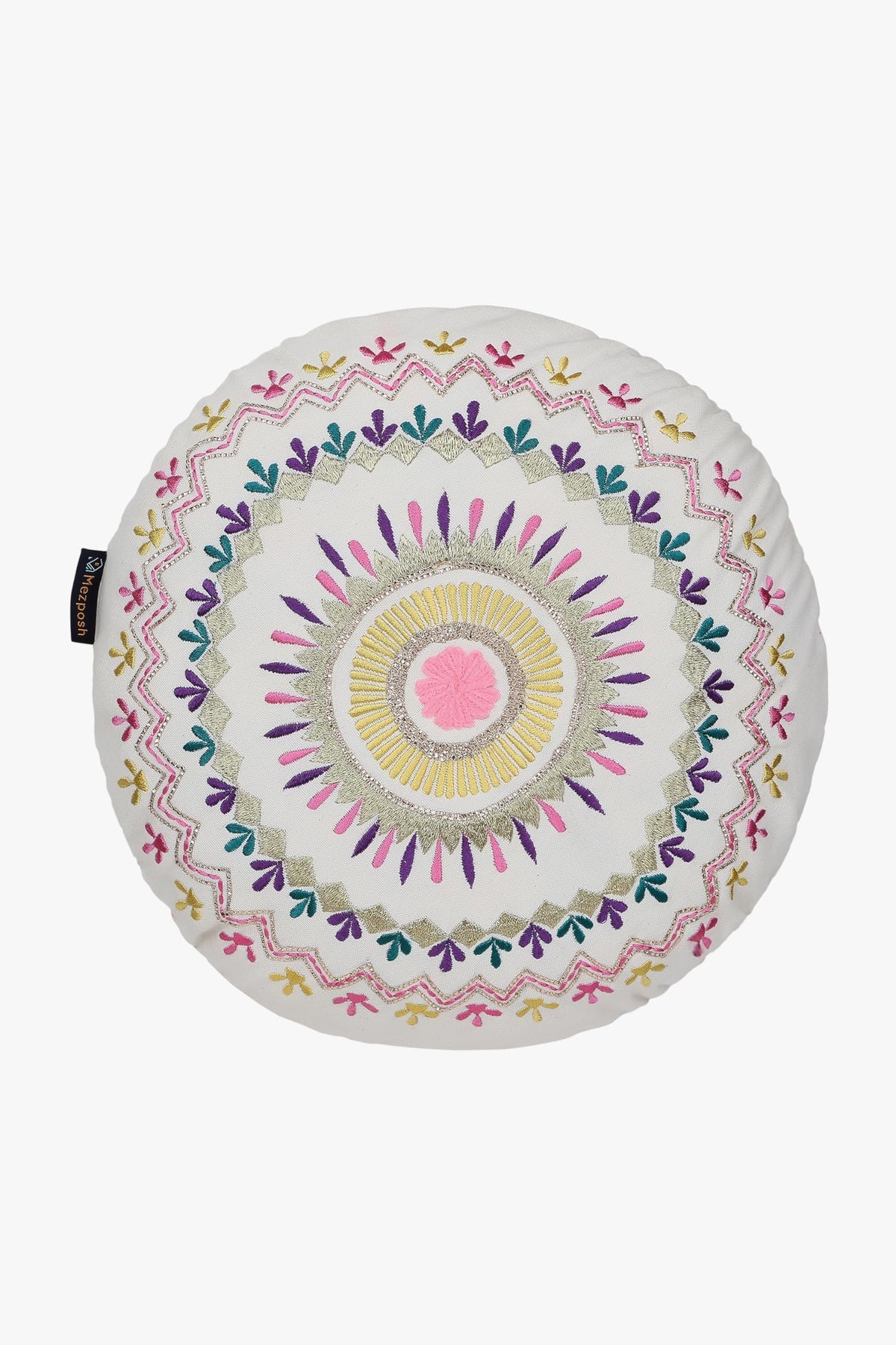 Mezposh Natural & Multi Mandala Embroidered Cotton Canvas Cushion Cover (16 Inch Dia)