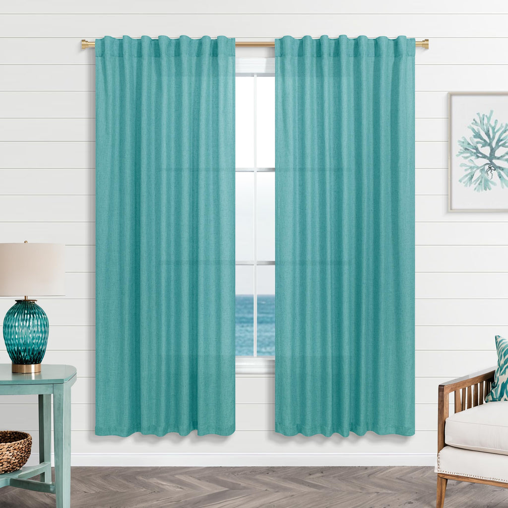 Koufall Teal Back Tab Rod Pocket Linen Sheer Curtains 52X63 Inch Length For Bedroom