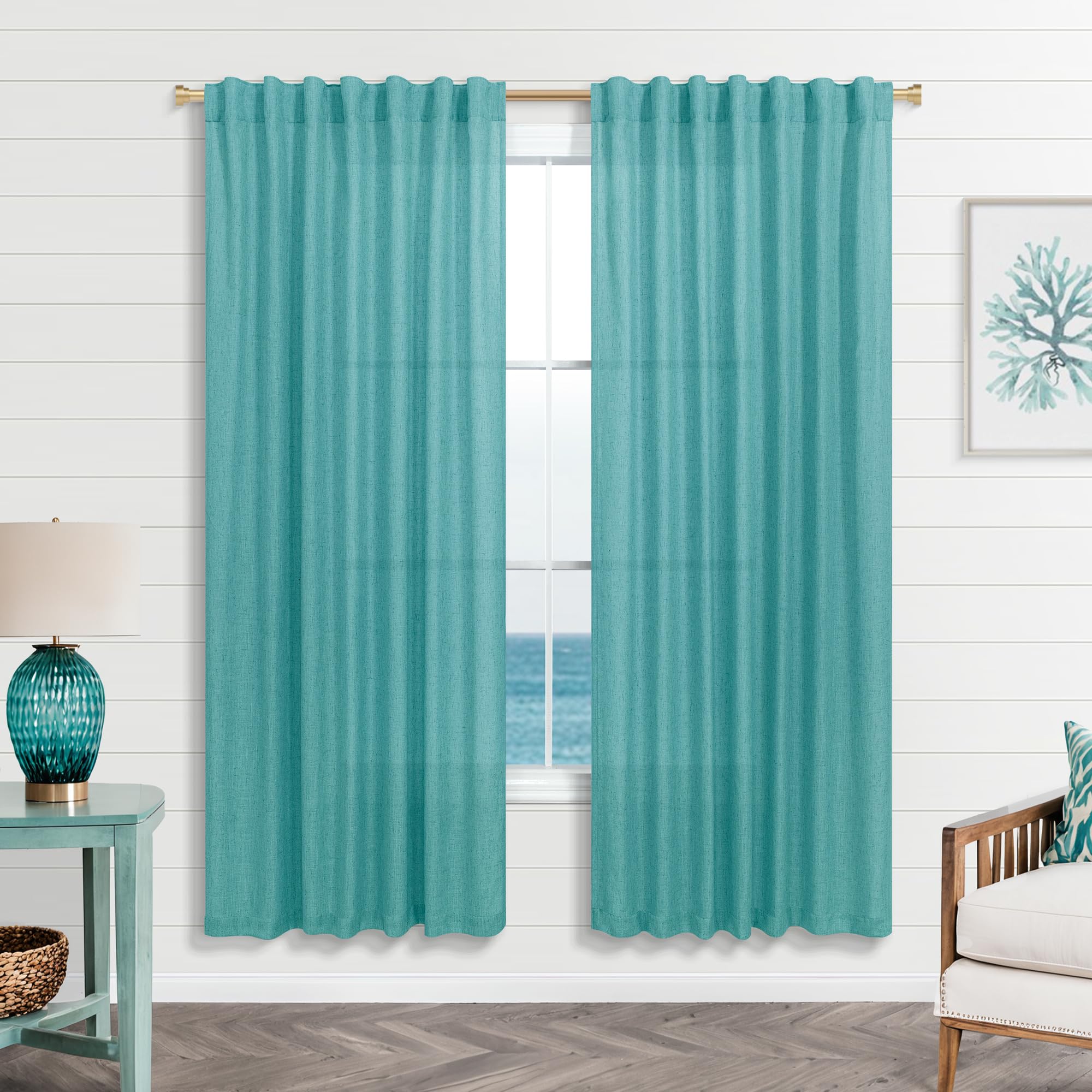 Koufall Teal Back Tab Rod Pocket Linen Sheer Curtains 52X63 Inch Length For Bedroom