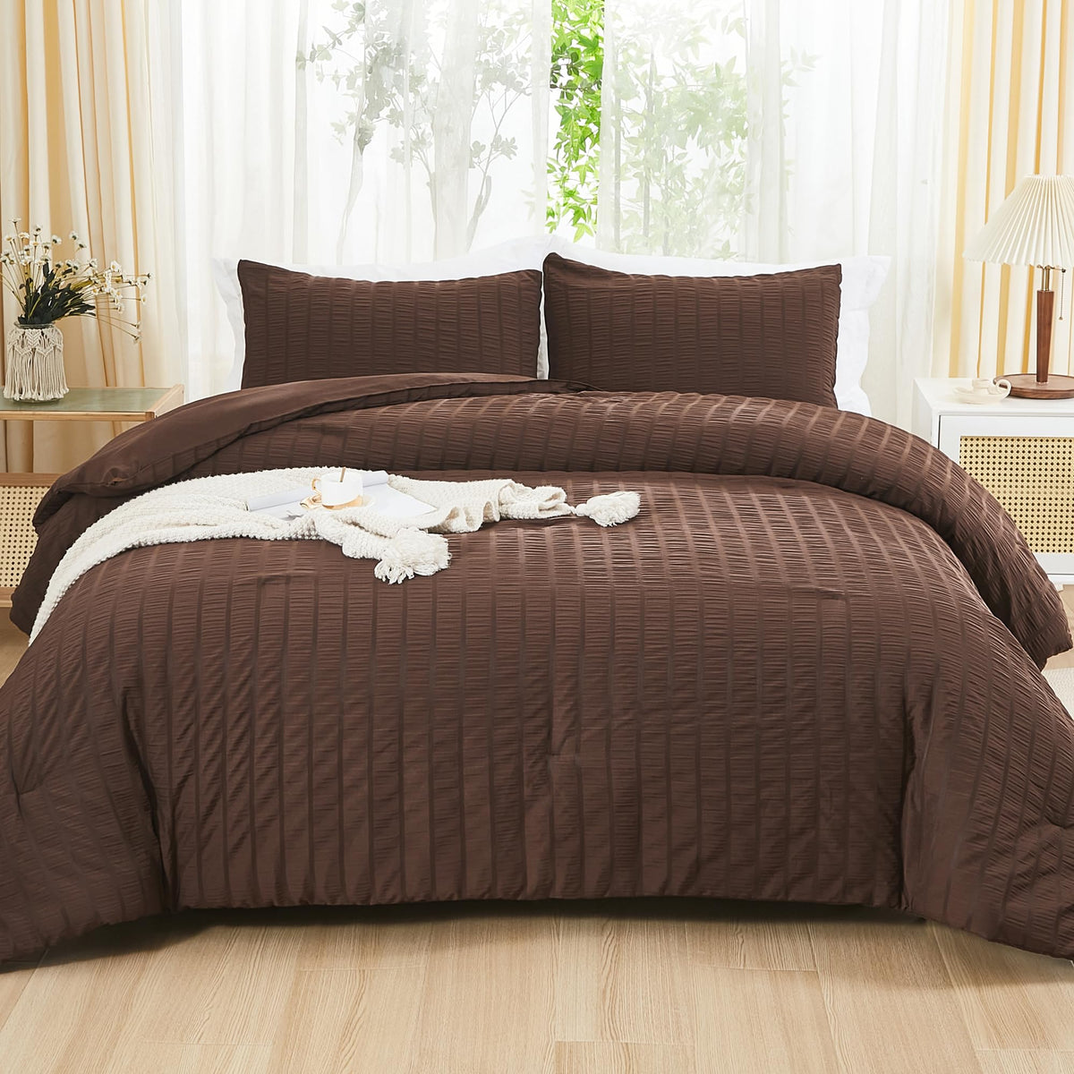 Avelom Brown Seersucker Queen Comforter Set (90X90 Inches), 3 Pieces-100% Soft Washed Microfiber Lightweight Comforter With 2 Pillowcases, All Season Down Alternative Comforter Set For Bedding