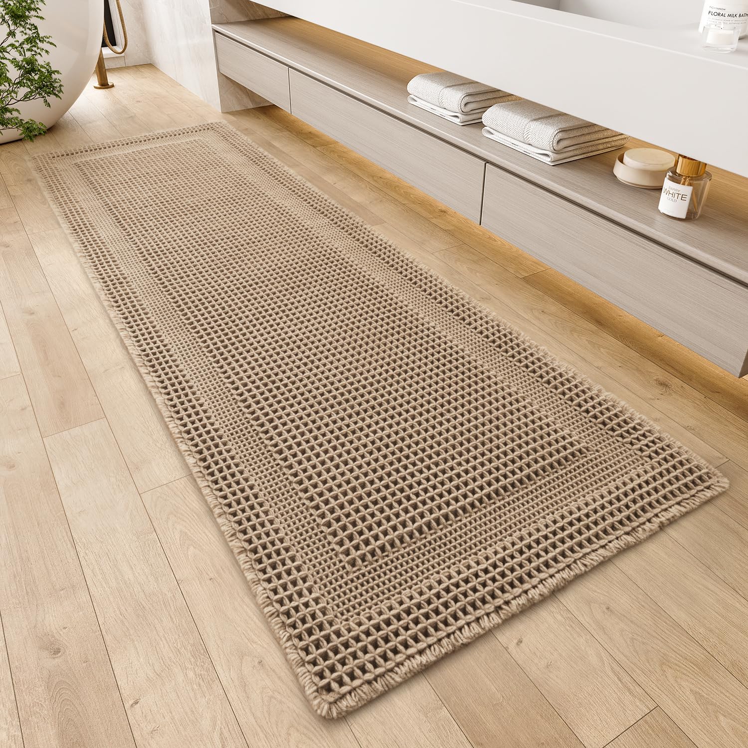 AMOAMI Waffle Bath-Mat, Absorbent Bath Mats for Bathroom Non Slip, Machine Washable Bathroom Rugs with Tassels Ultra Soft Boho B