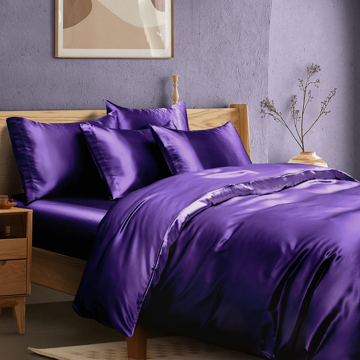 Manyshofu 6Pcs Dark Purple Duvet Cover Set Queen Size With Satin Fitted Sheet - Not Comforter, Cooling Satin Duvet Cover Sheets