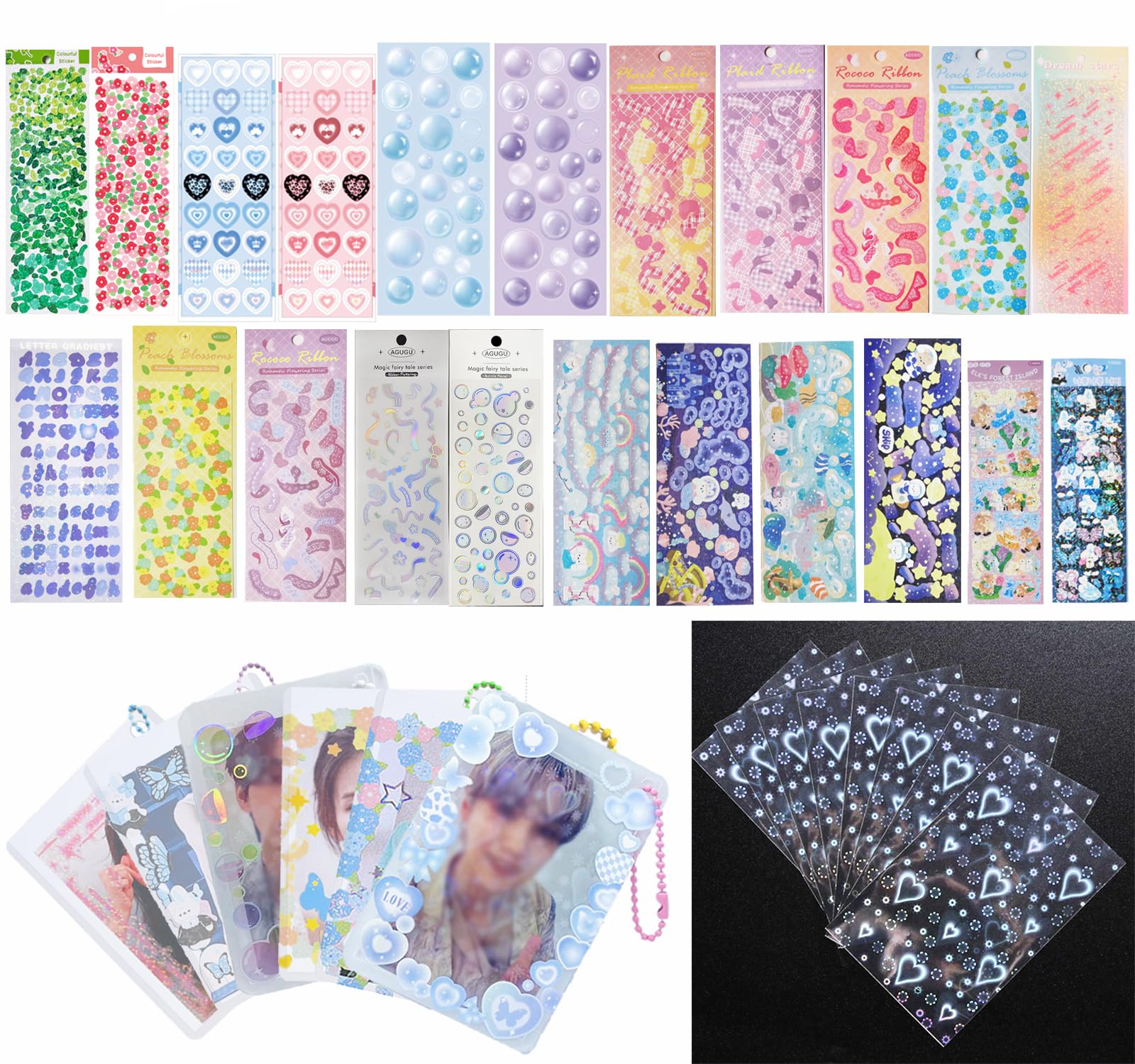 Lora Rossie 6 Kpop Photocard Holder Keychain Toploaders,50 Holographic Card Sleeves for Trading Cards Kpop Photocard,22 Ribbon H