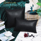 Brawarm Faux Leather Pillow Covers 16 X 16 Inches, Black Leather Pillow Covers Pack Of 2, Crocodile Leather Decorative Throw Pil