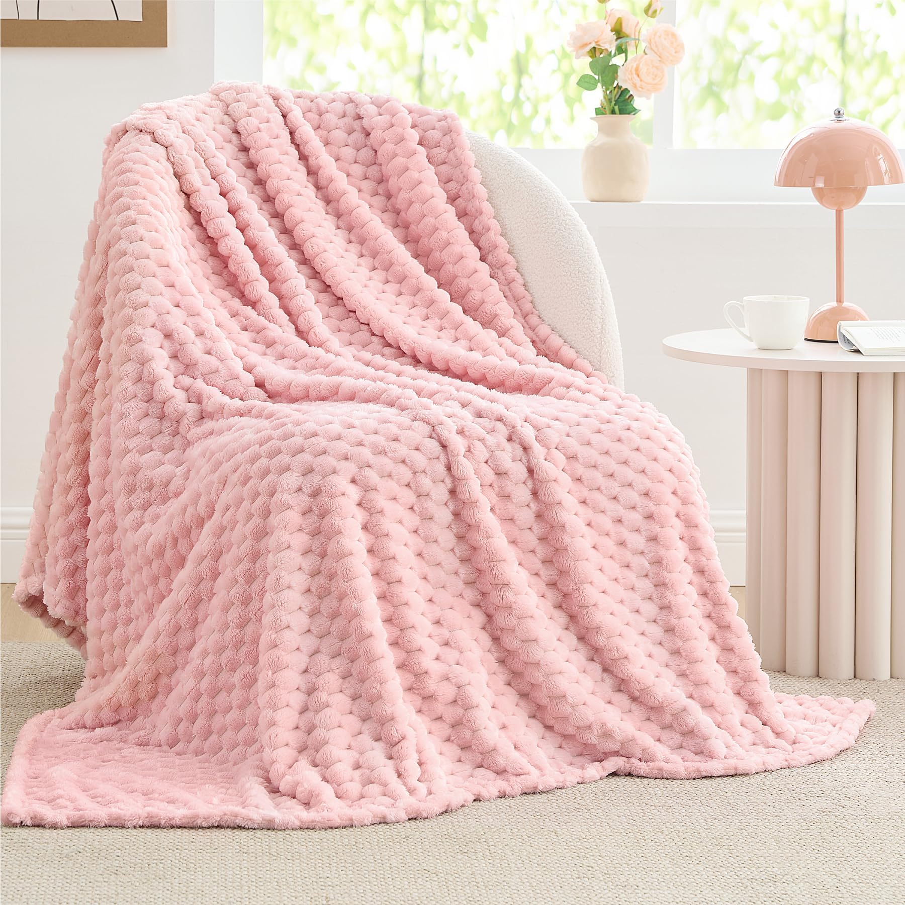 Bedelite Fleece Blanket - 3D Jacquard Decorative Pink Throw Blankets For Couch & Bed, Soft And Cozy Warm Plush Fluffy Blanket Al
