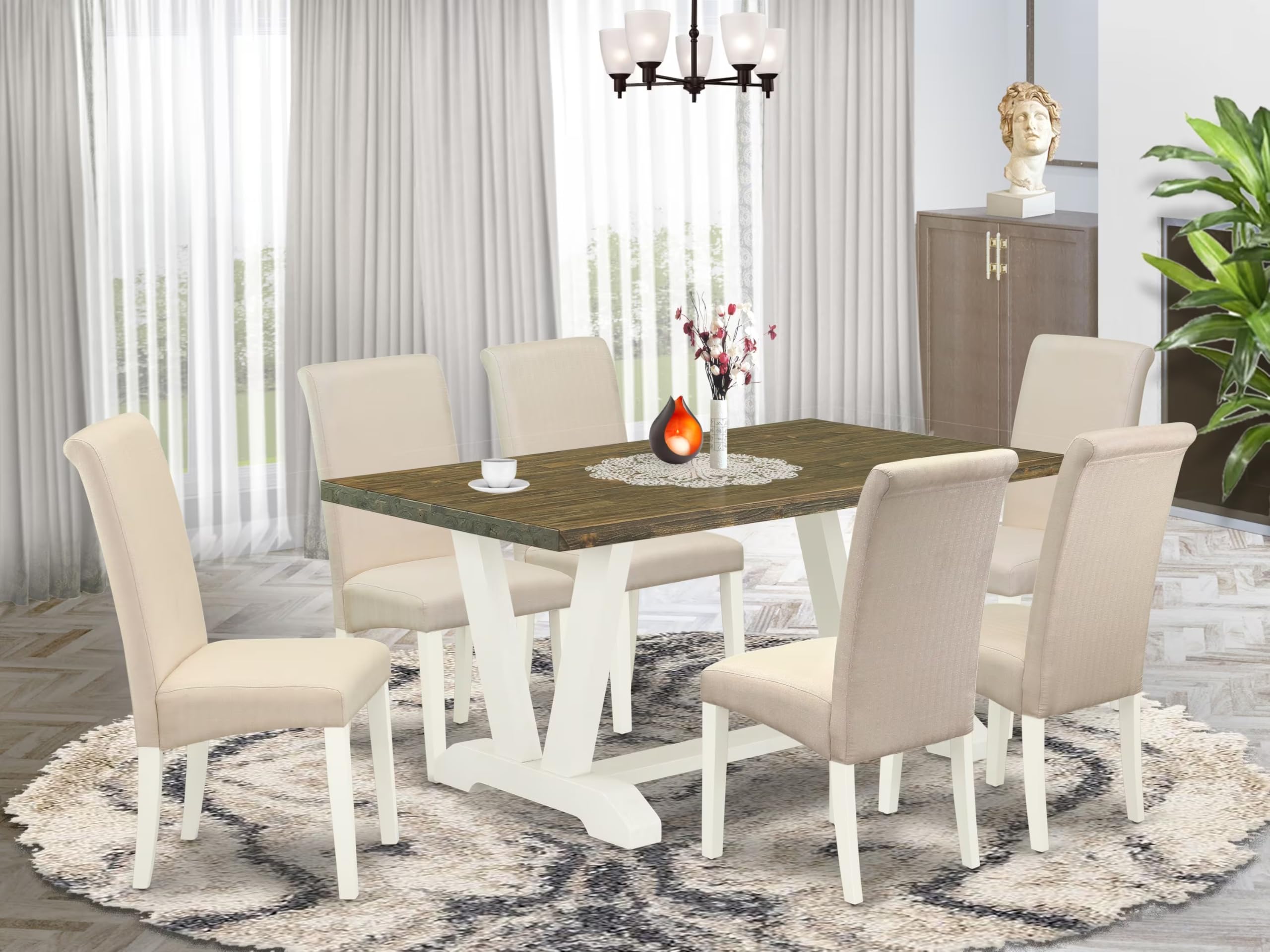 East West Furniture V076Ba201-7 7 Piece Dining Set Consist Of A Rectangle Dining Room Table With V-Legs And 6 Cream Linen Fabric Upholstered Parson Chairs, 36X60 Inch, Multi-Color