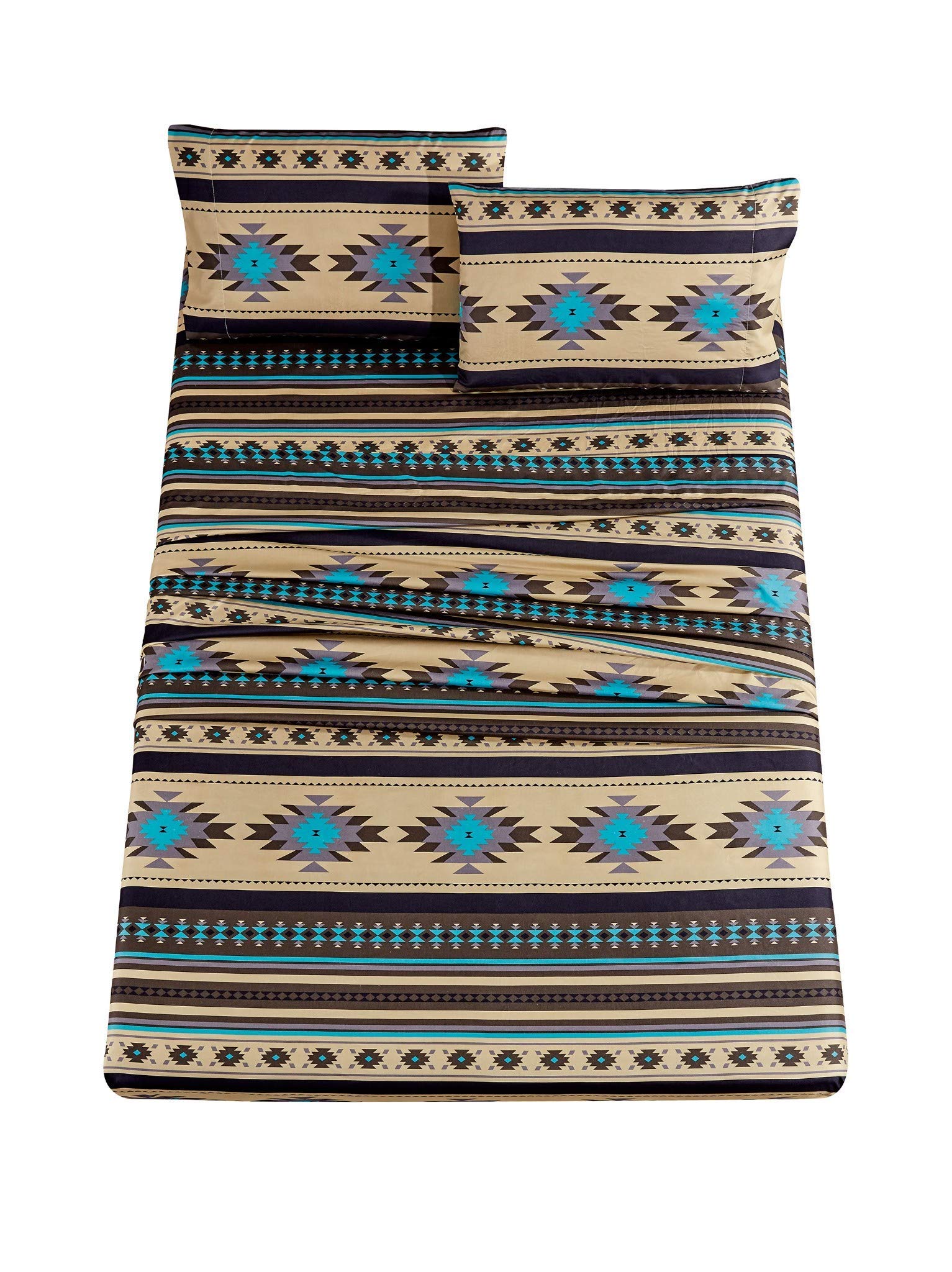 Chezmoi Collection Prescott 4Piece Southwestern Geometric Tribal Multicolor Teal Beige Black Gray Sheet Set, Queen Size