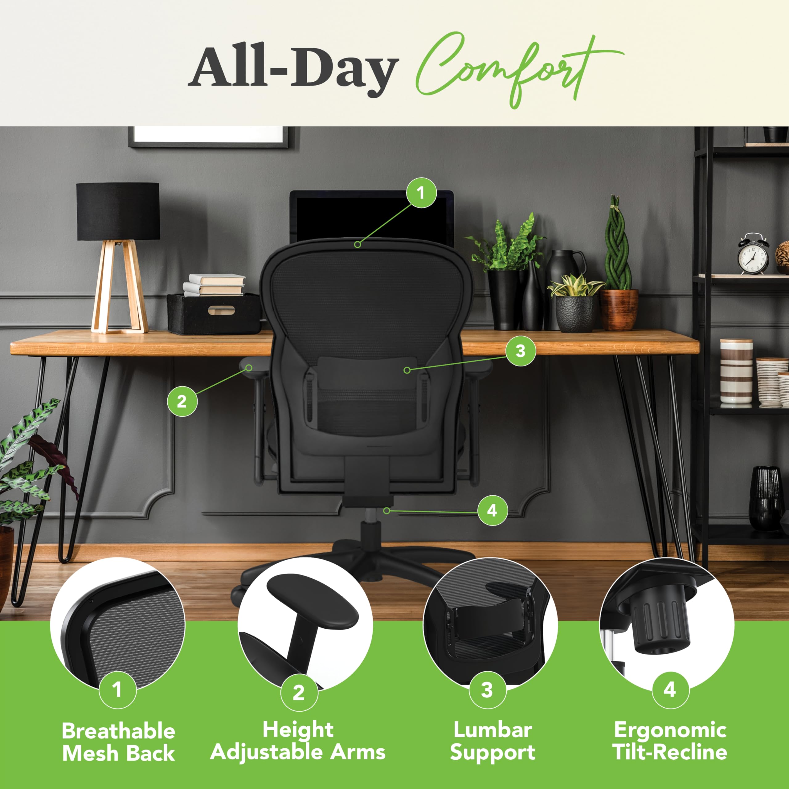 HON Wave High Back Leather Office Chair, Beathable Mesh, Ergonomic Office Chair with Adjustable Arms and Back Support, 360 Swivel, Synchro-Tilt, Black