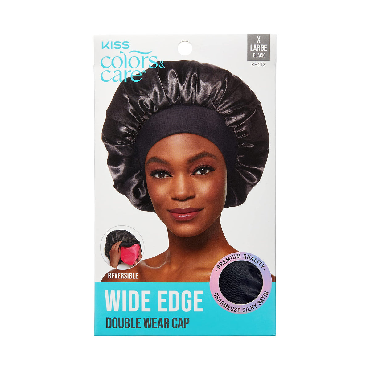 KISS Colors & Care Silky Satin Wide Edge Double Wear Cap XL, Black, Double Sided Reversible Design, Premium Charmeuse Fabric, Pr