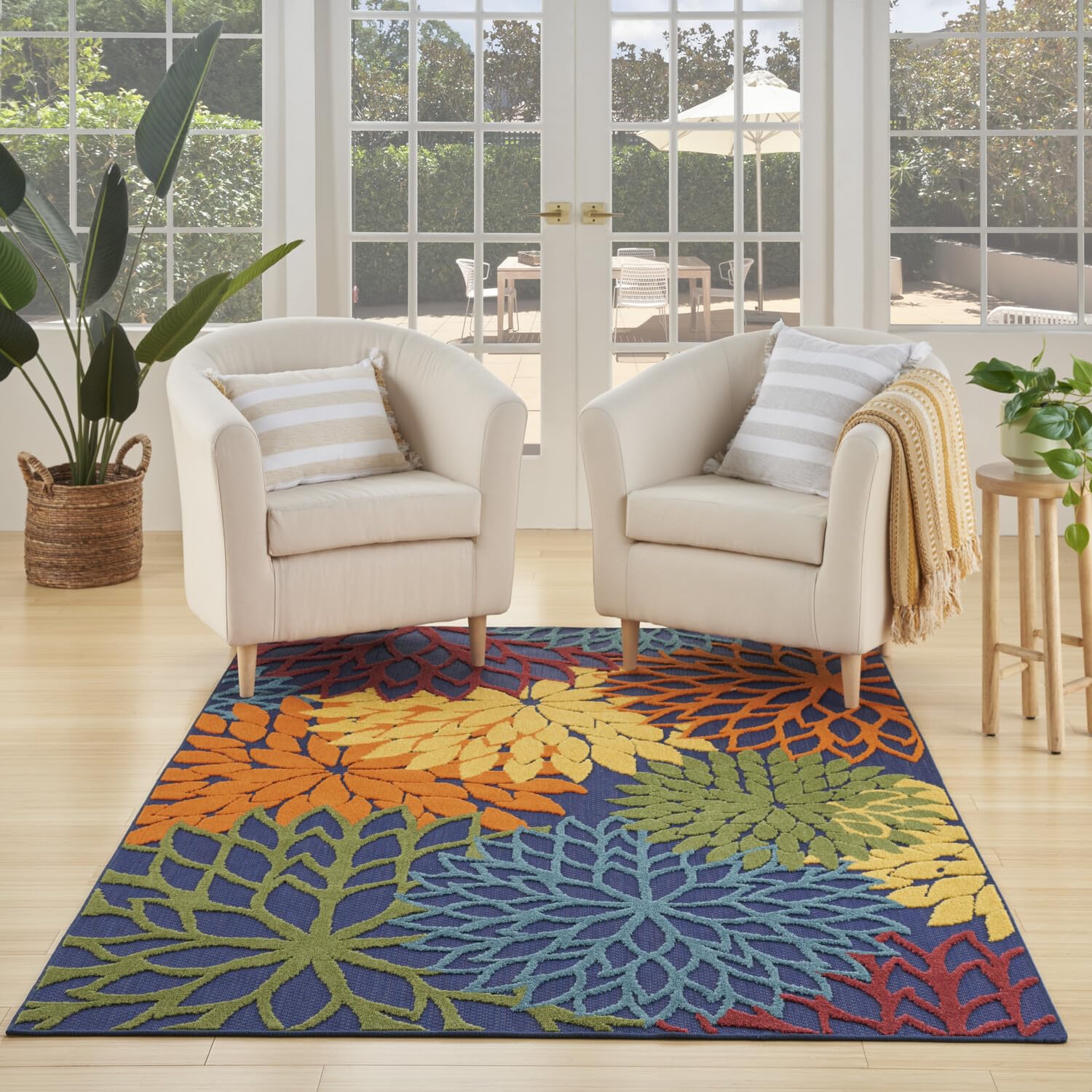 Nourison Aloha Indoor-Outdoor Navy Multicolor 3'6' X 5'6' Area Rug, Easy Cleaning, Non Shedding, Bed Room, Living Room, Dining Room, Backyard, Deck, Patio (4X6)