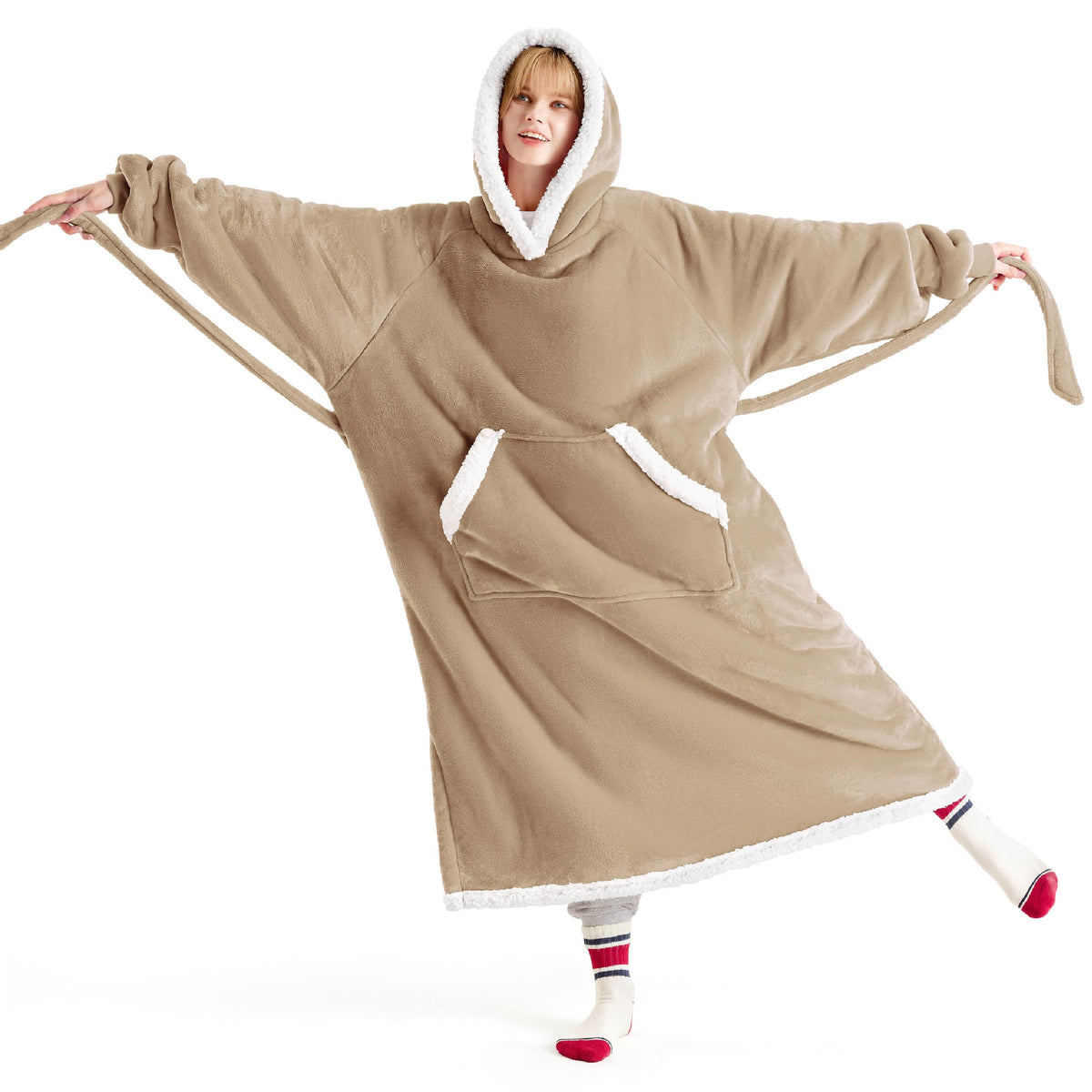 Bedsure Wearable Blanket Hoodie Women - Long Sherpa Fleece Hooded Blanket For Teens Adult, Warm Cozy Blanket Sweatshirt With Gia