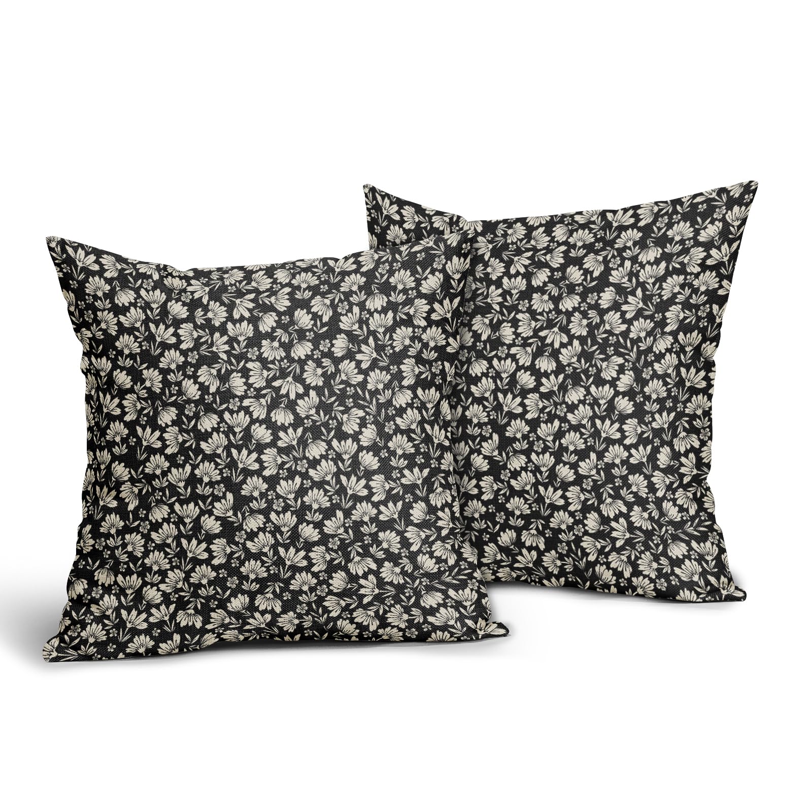 Black Brown Daisy Floral Block Print Pillow Covers 20X20 Inch Vintage Flowers Decorative Square Pillow Cases Set Of 2 Farmhouse