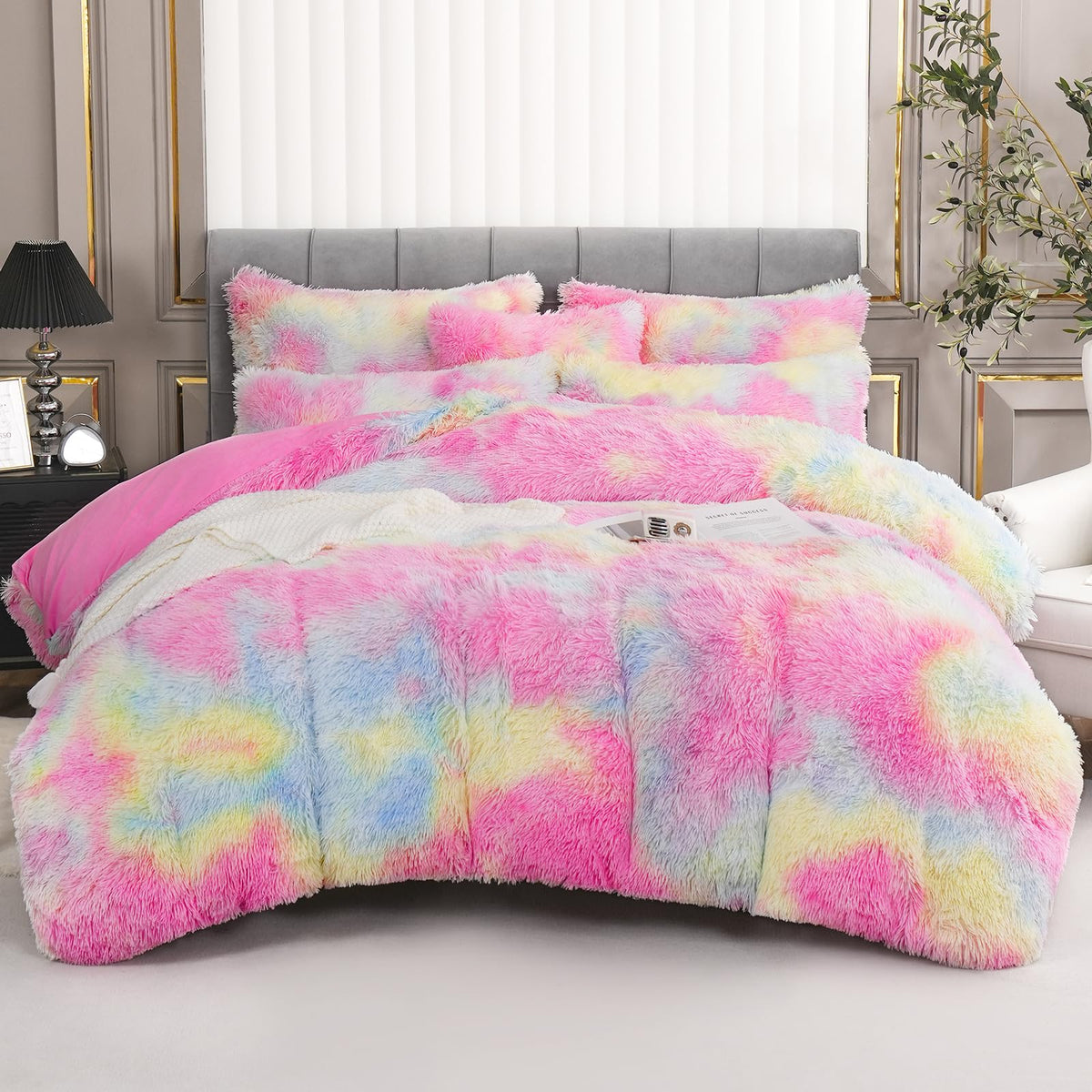 Fluffy Plush Rainbow Duvet Cover Set Queen Size, Luxury Soft Velvet Fuzzy Comforter Cover Bed Sets 4Pcs(1 Faux Fur Duvet Cover +