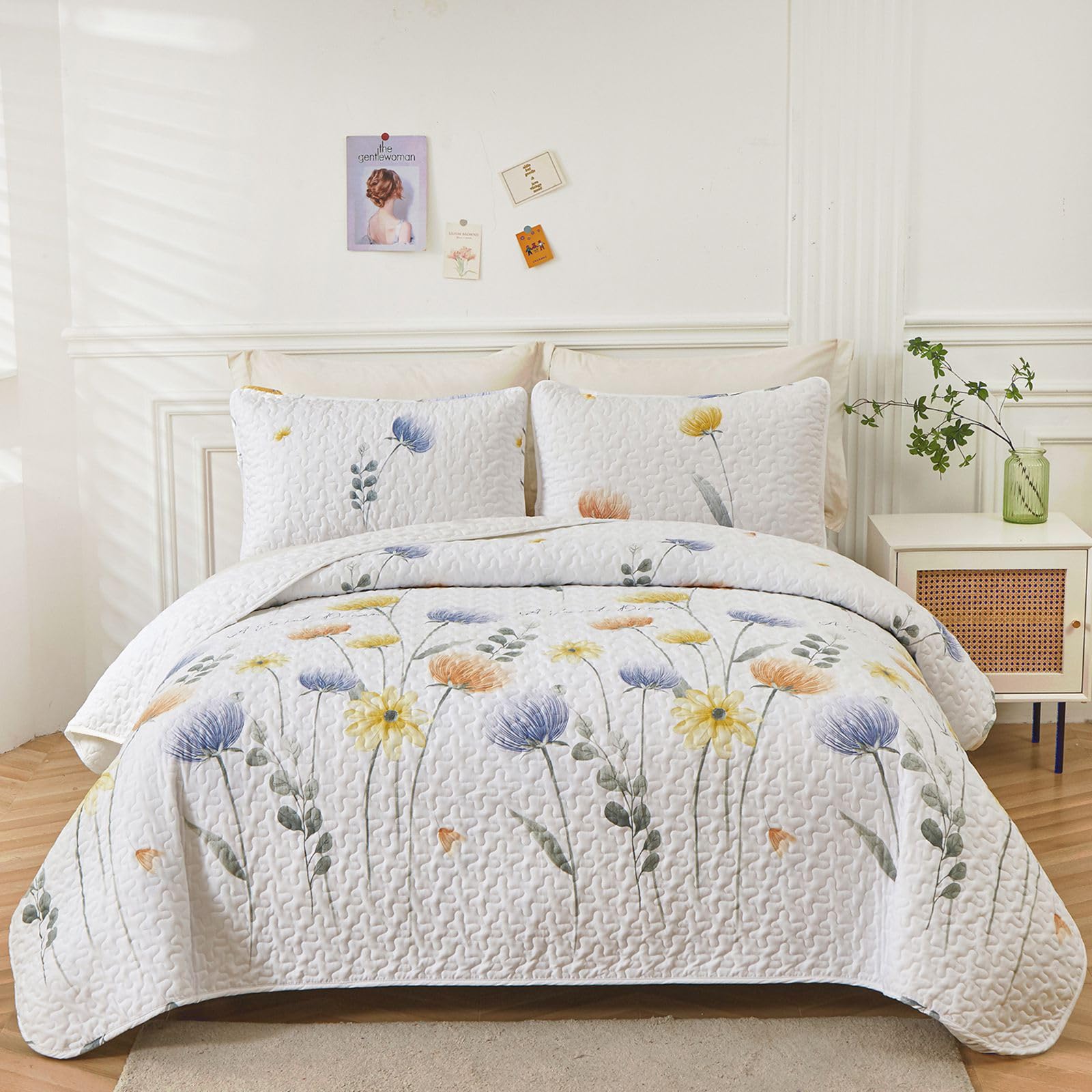 Dinjoy Floral Quilt Set King 3 Pieces Blue & Yellow Quilts Coverlet Set Bohemian Summer Bedspread Lightweight Farmhouse Bed Cove