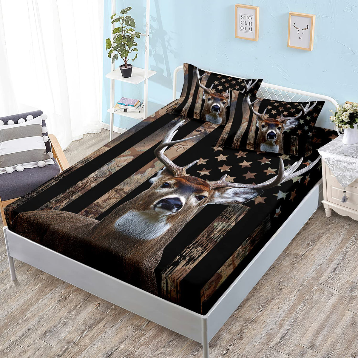 Hosima Deer Hunting Camo Bedding,Hunter Bedding Set American Flag Fitted Sheet Set Queen Size For Adult Teen Boy Bedroom Decor,1