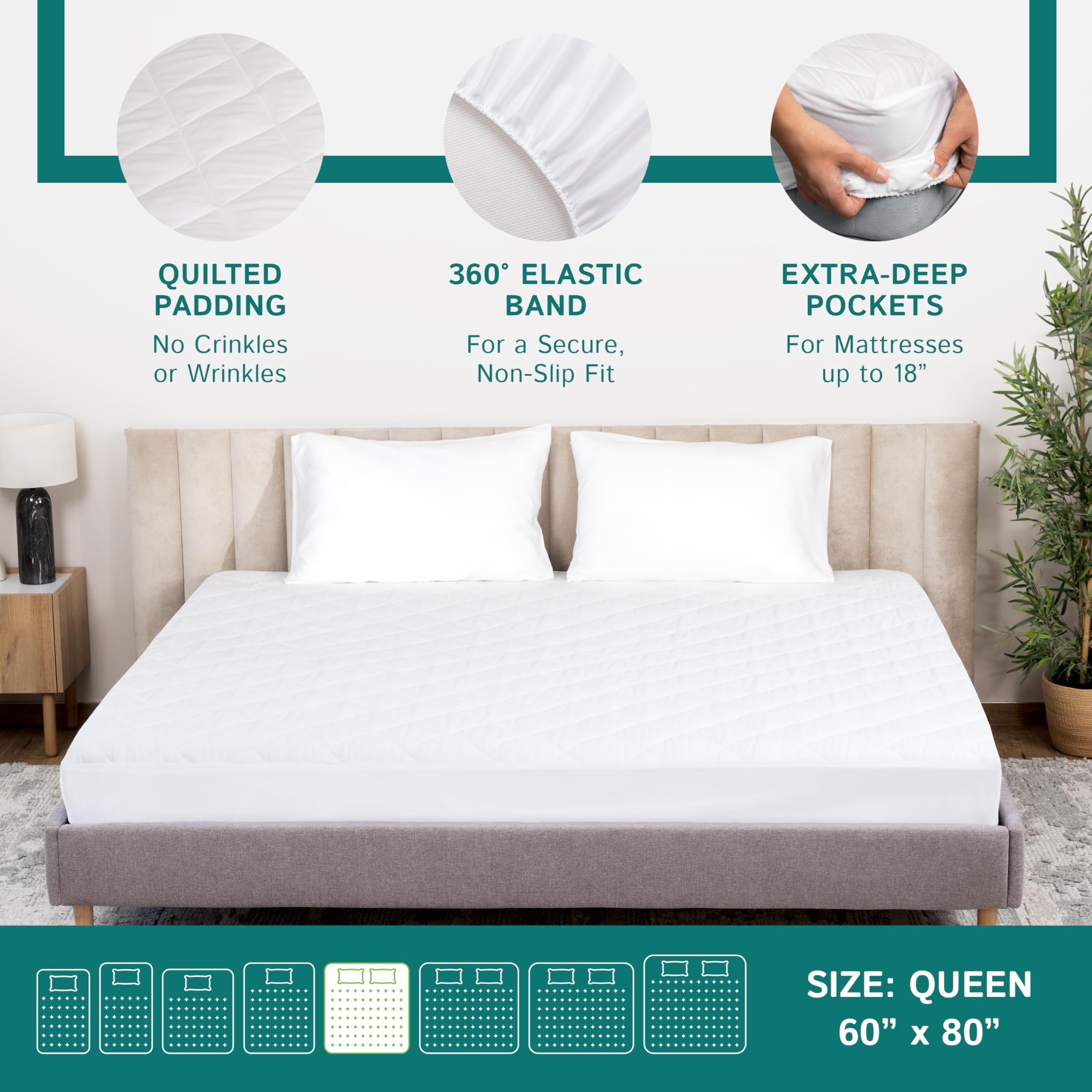 Queen Size Quilted Mattress Pad - Fitted Waterproof Mattress Protector, Pillow Top Mattress Topper, Premium Quality Hypoallergen