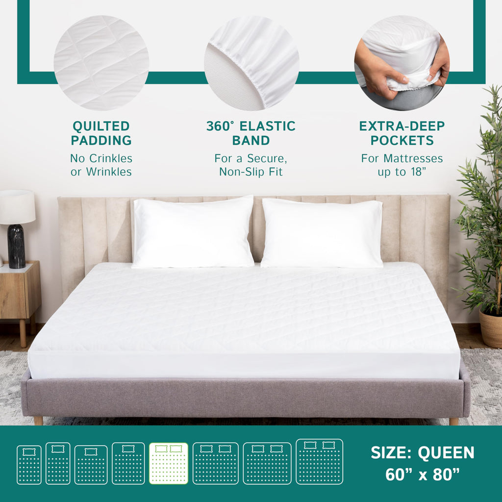 Queen Size Quilted Mattress Pad - Fitted Waterproof Mattress Protector, Pillow Top Mattress Topper, Premium Quality Hypoallergen