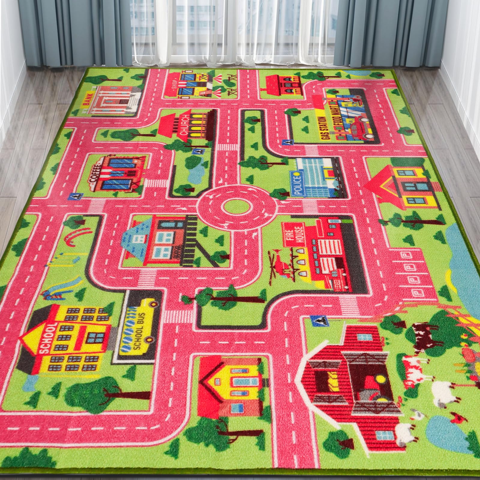 Kids Carpet Playmat Rug 78.7''x59'', Car Rug for Kids Cars, Non-Slip Town City Road Map Kids Rug for Playroom Bedroom Boys, Kids