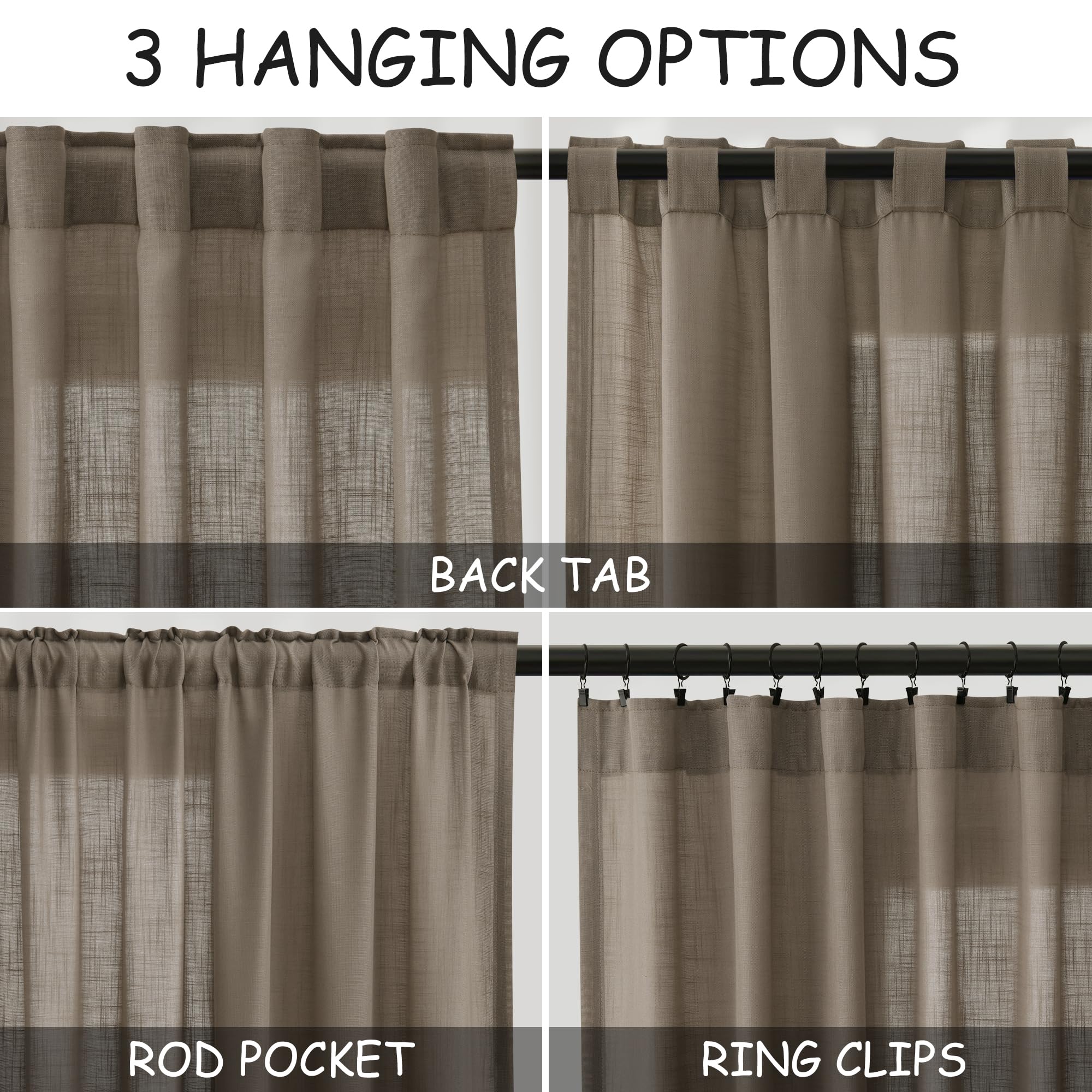 Nanspring Dark Taupe Linen Curtains 52W x 84L - 2 Panels, Light Filtering, Semi-Sheer, Modern Farmhouse Decor for Bedroom and Living Room