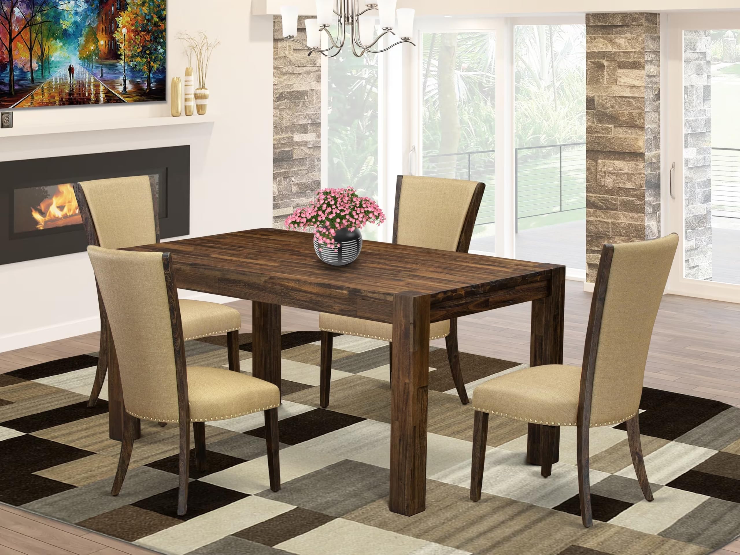East West Furniture Cnve5-77-03 5 Piece Dining Room Furniture Set Includes A Rectangle Rustic Wood Dining Table And 4 Brown Linen Fabric Upholstered Chairs, 36X60 Inch, Jacobean