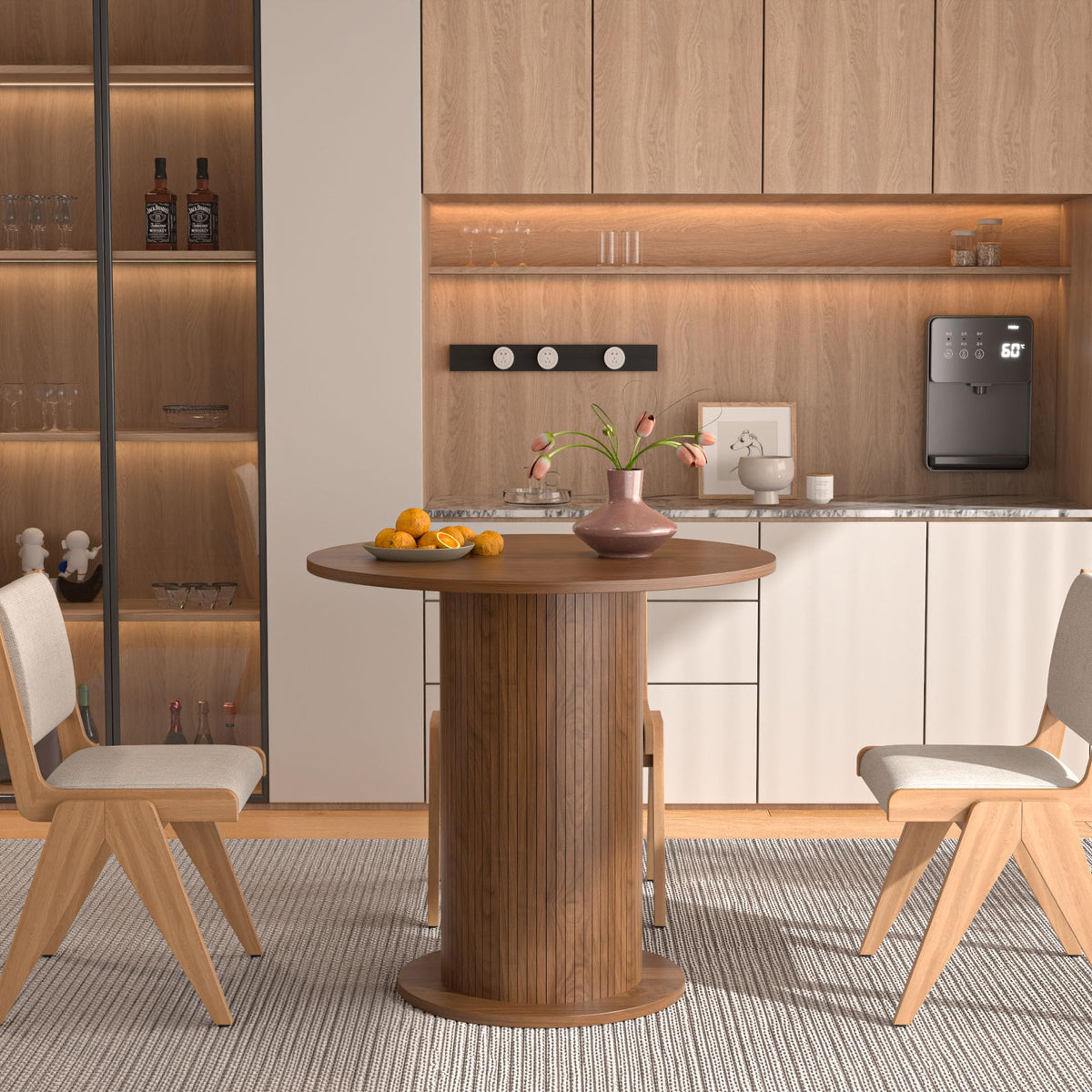 31.5 Inch Round Dining Table For 2, Modern Farmhouse Kitchen Table, Small Circle Dining Tables With Wood Strip Base For Kitchen