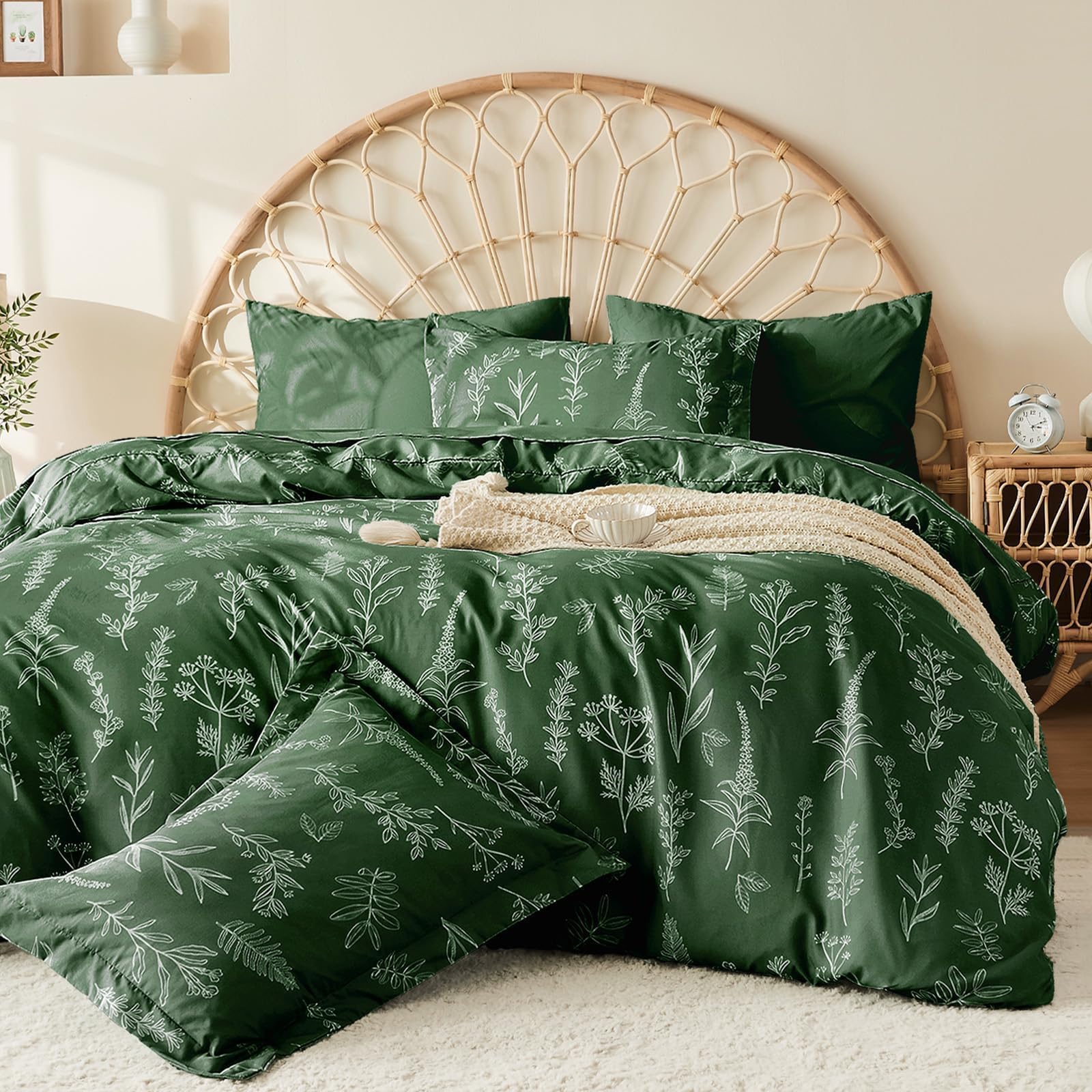 Muxhomo Dark Green Full Comforter Set, Elegant Floral Print Bed In A Bag 7 Pieces, Ultra Soft & Breathable Reversible Botanical