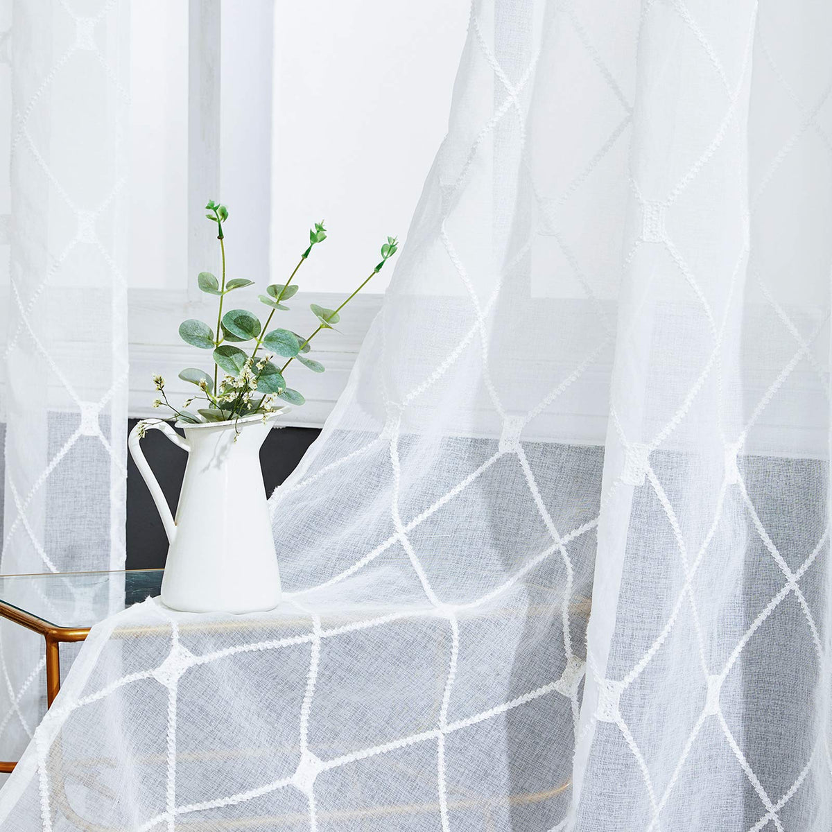 Top Finel Pure White Sheer Curtains 90 Inches Long For Living Room 2 Panels,Snow-White Rustic Embroidered Diamond Grommet Window