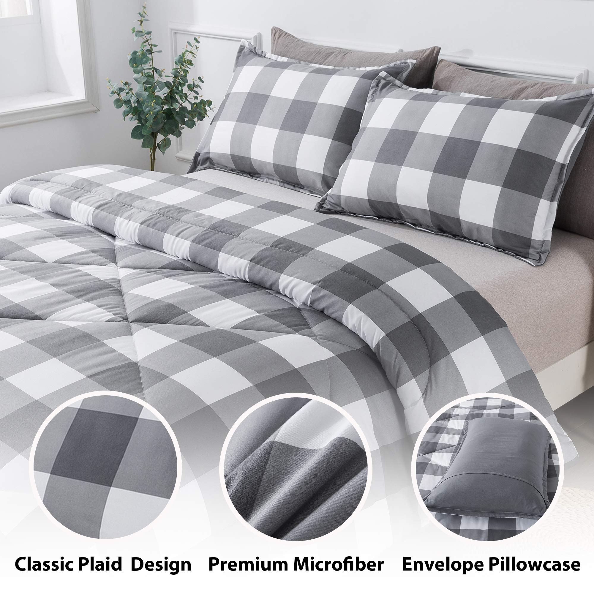 Andency Light Gray Plaid Comforter Twin(66X90 Inch), 2 Pieces(1 Plaid Comforter And 1 Pillowcase) Buffalo Check Plaid Comforter
