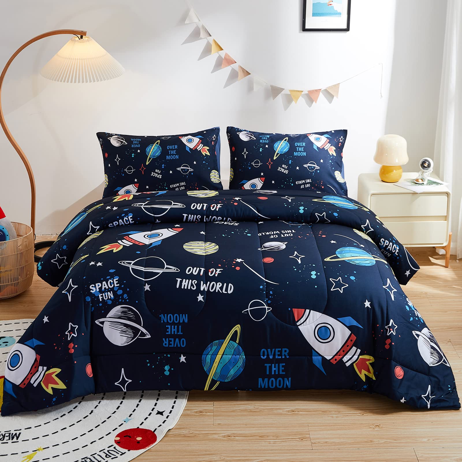 Beeweed 3 Piece Kid Comforter Set Queen Size, Space Rocket Bedding Set For Teen Boys Girls