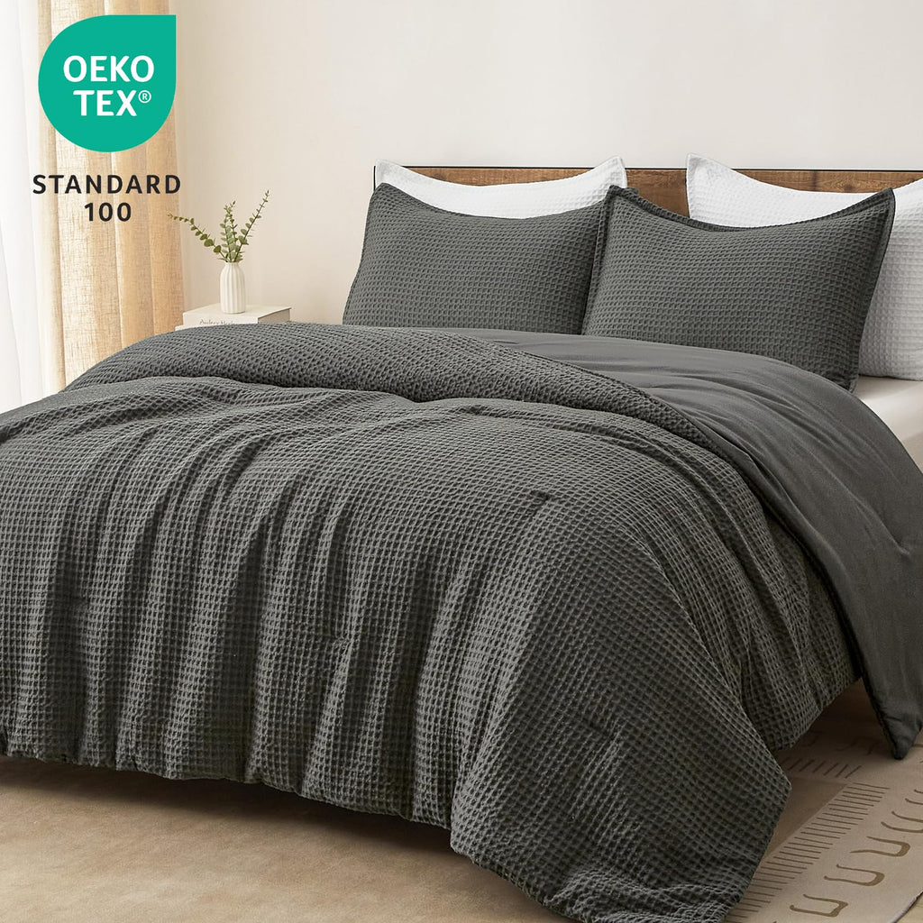 Phf 3 Pieces Waffle Weave Comforter Set King Size, Lightweight Breathable Comfy Bedding Set For All Season, Ultra Soft Textured