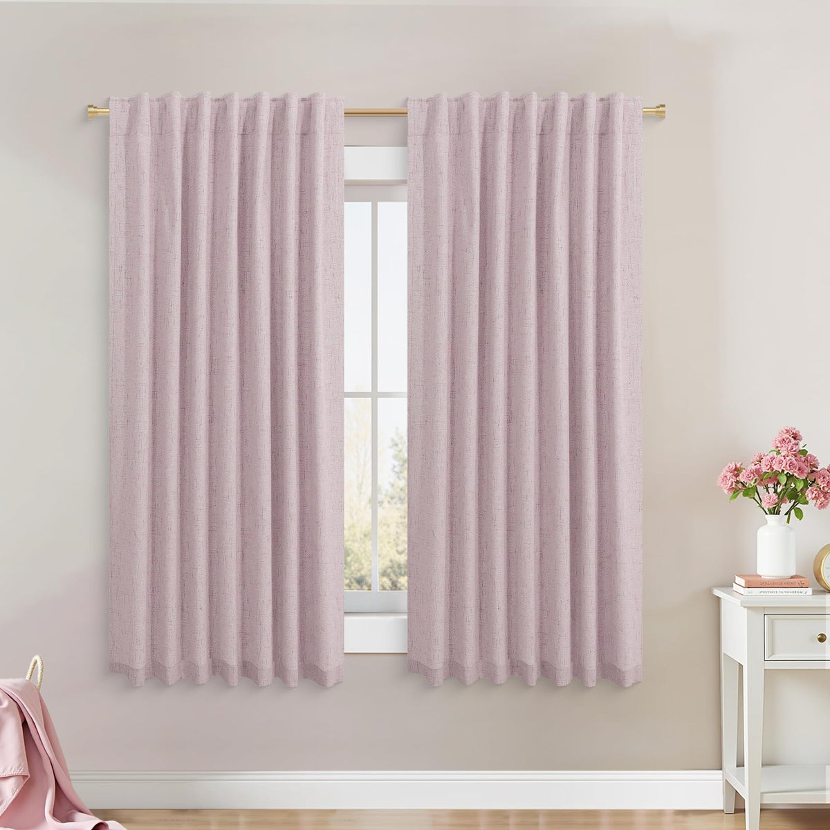 Koufall Pink Back Tab Linen Blackout Curtains 52 By 45 For Bedroom
