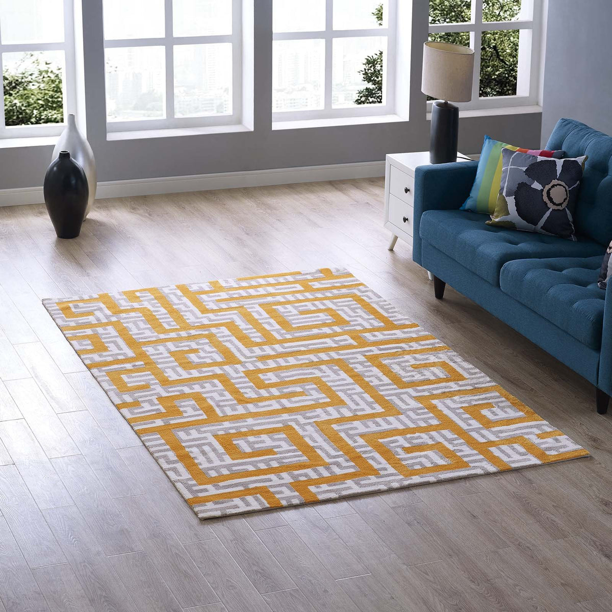 Modway Nahia Geometric Maze 5X8 Area Rug In Ivory, Light Gray And Banana Yellow