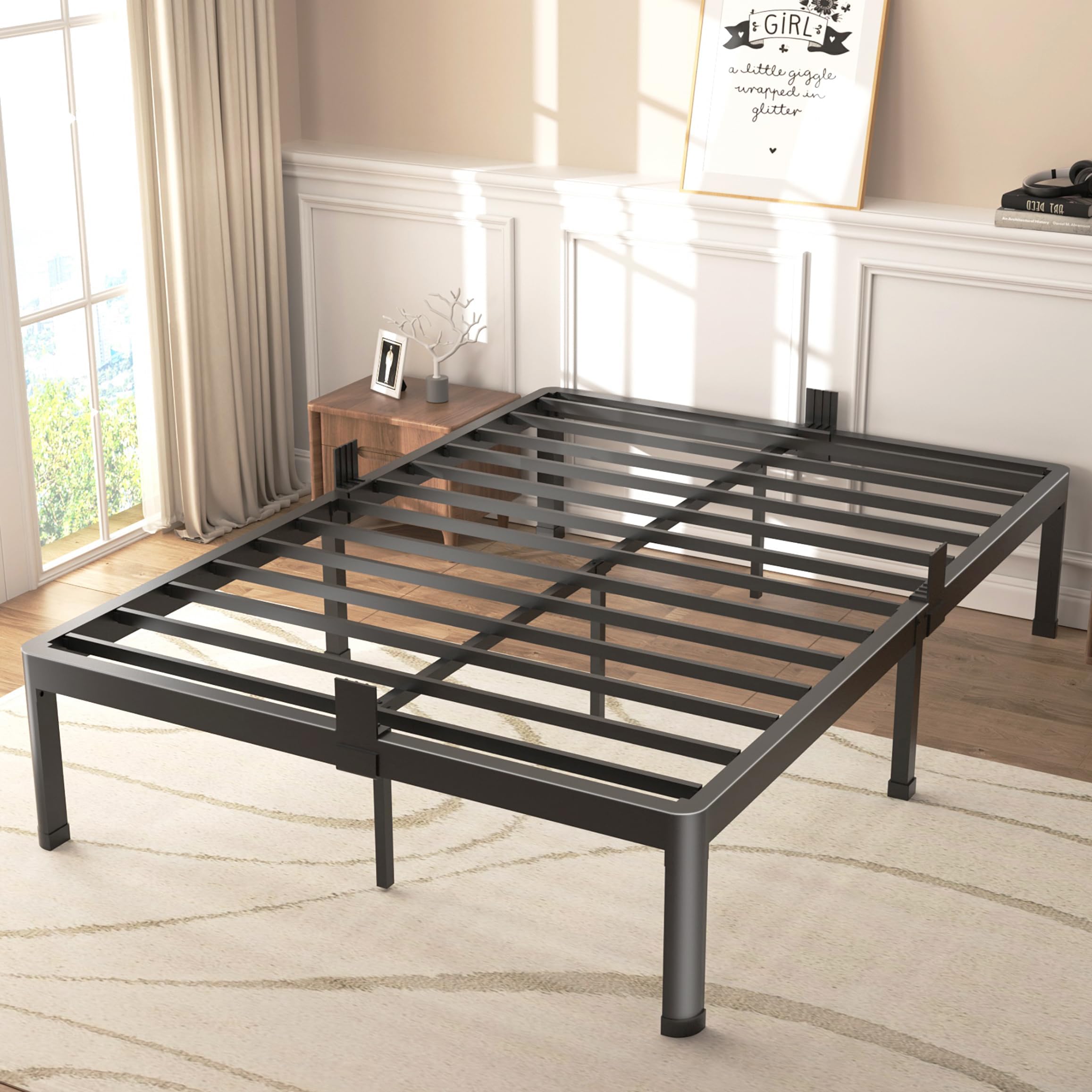 Fuiobyvv Queen Bed Frame With Round Corner Edge Legs, 14 Inch High 3500 Lbs Heavy Duty Metal Platform Bed Frame Queen Size, No B