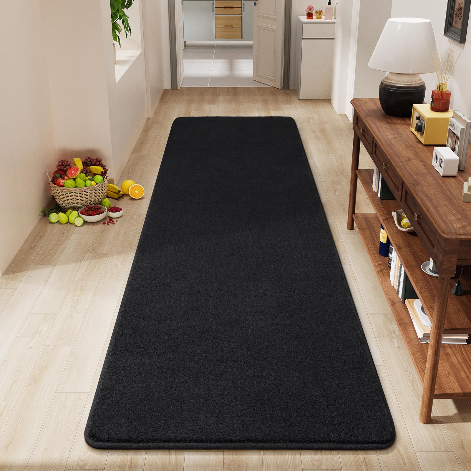Amearea Modern Soft Hallway Runner Rug, 2x6 Feet Washable Runner Rugs for Hallway, Black Fluffy Rug Bedroom Bedside Rugs, Non Sl