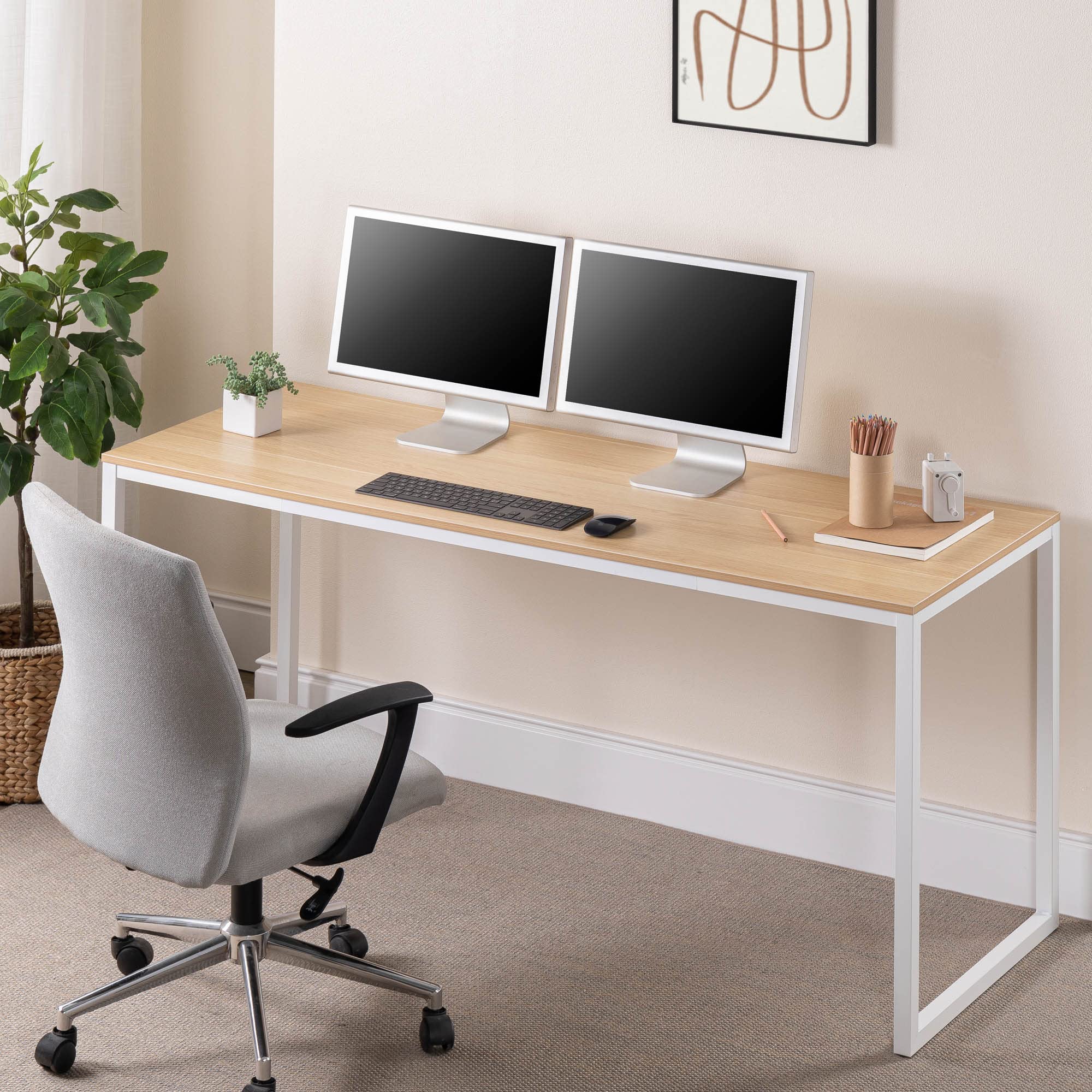 Zinus Jennifer 63 Inch White Frame Desk, Computer Workstation, Office Desk, Easy Assembly, Natural