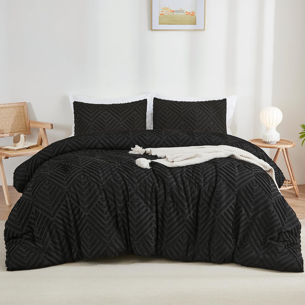 Litanika Black Full Comforter Set, 3 Pieces Tufted Boho Farmhouse Bedding Comforter Sets, Lightweight Fluffy Comforter Bed Set F