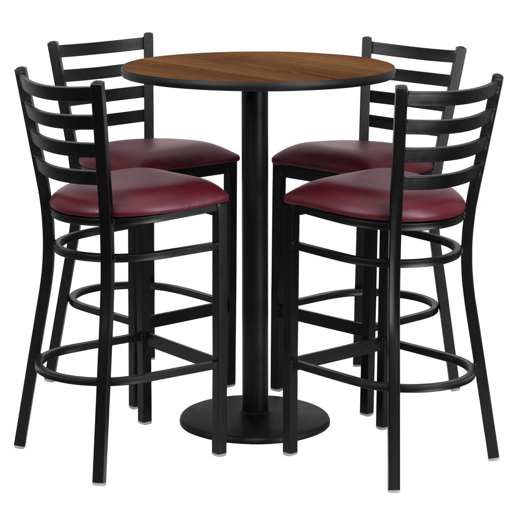 Flash Furniture Jamie 30'' Round Walnut Laminate Table Set with Round Base and 4 Ladder Back Metal Barstools - Burgundy Vinyl Seat