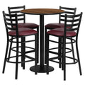 Flash Furniture Jamie 30'' Round Walnut Laminate Table Set with Round Base and 4 Ladder Back Metal Barstools - Burgundy Vinyl Seat
