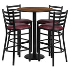 Flash Furniture Jamie 30'' Round Walnut Laminate Table Set with Round Base and 4 Ladder Back Metal Barstools - Burgundy Vinyl Seat