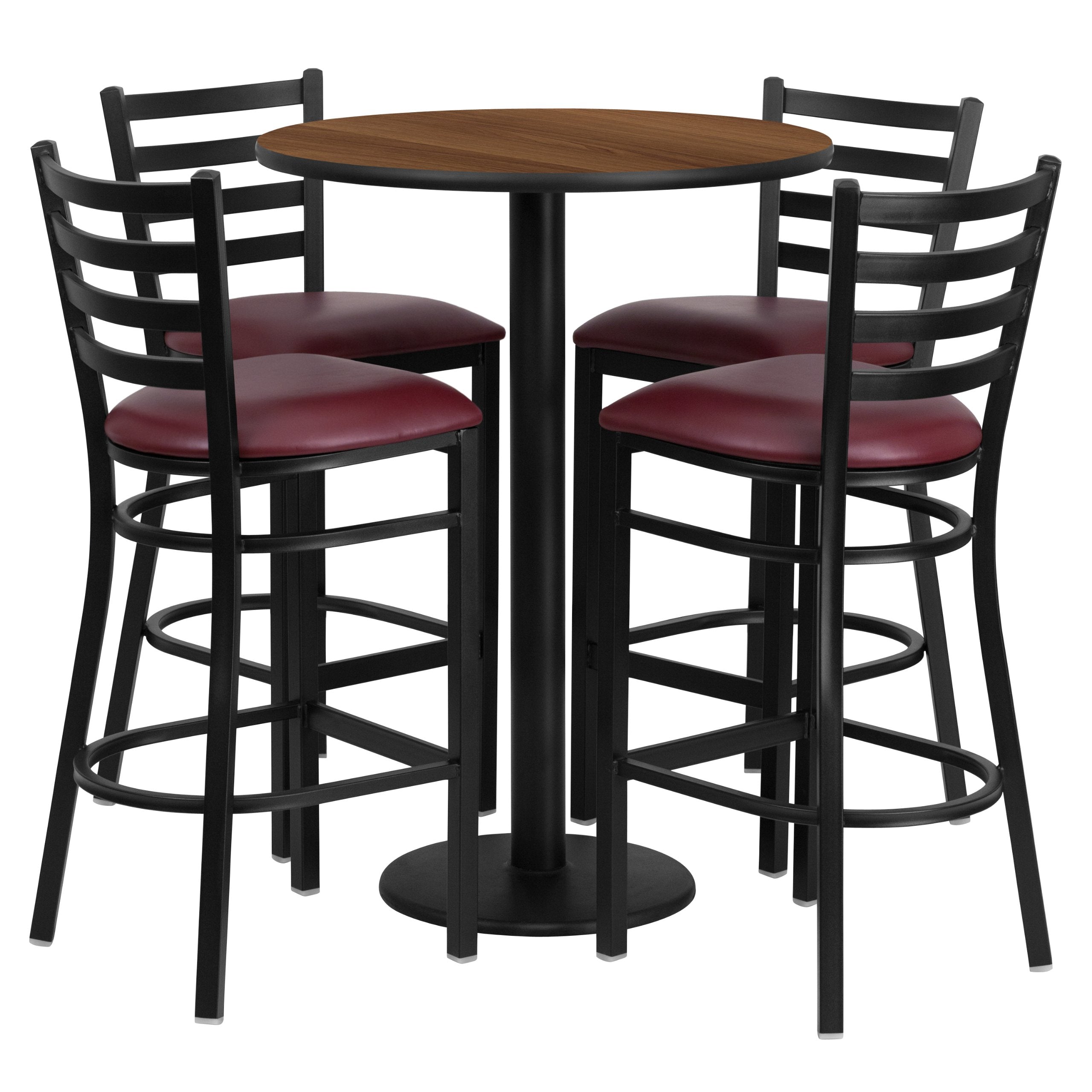 Flash Furniture Jamie 30'' Round Walnut Laminate Table Set with Round Base and 4 Ladder Back Metal Barstools - Burgundy Vinyl Seat