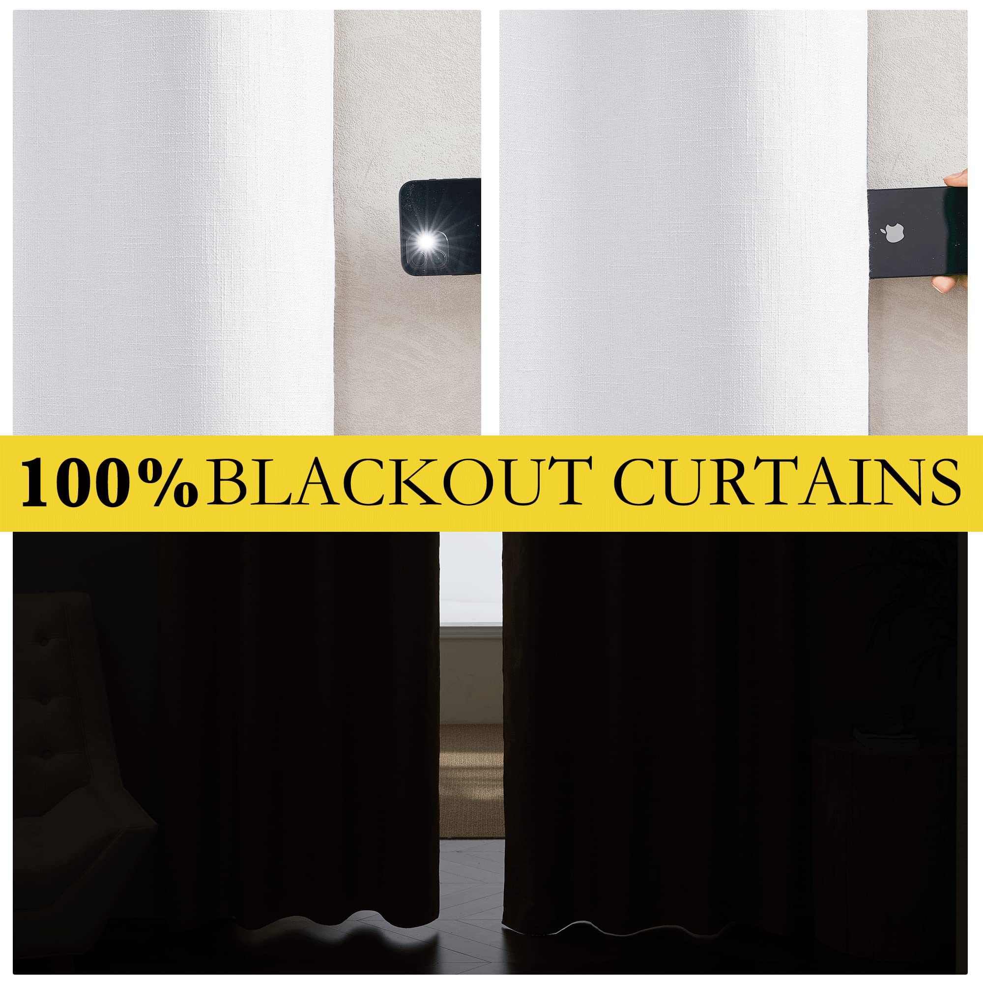 Nicetown 100% Absolutely Blackout Linen Curtains With Thermal Insulated White Liner, White, 52 Inches Wide, 102 Inches Length Energy Saving Curtains For Living Room 2 Panels Set, Vertical Blinds