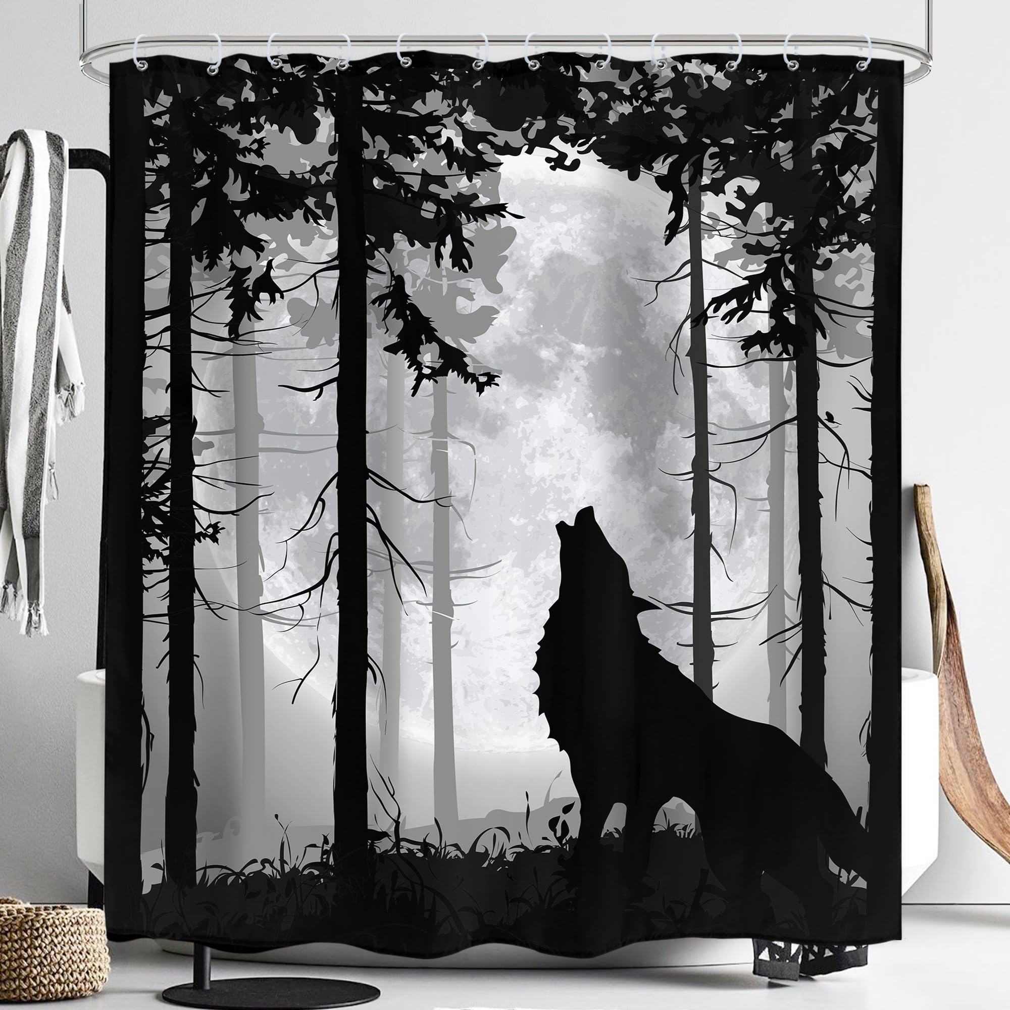 LIGHTINHOME Wolf Shower Curtain 60Wx72H Inches Rustic Dark Moon Trees Gothic Wildlife Animal Howling Wild Scenery Woodland Bathr