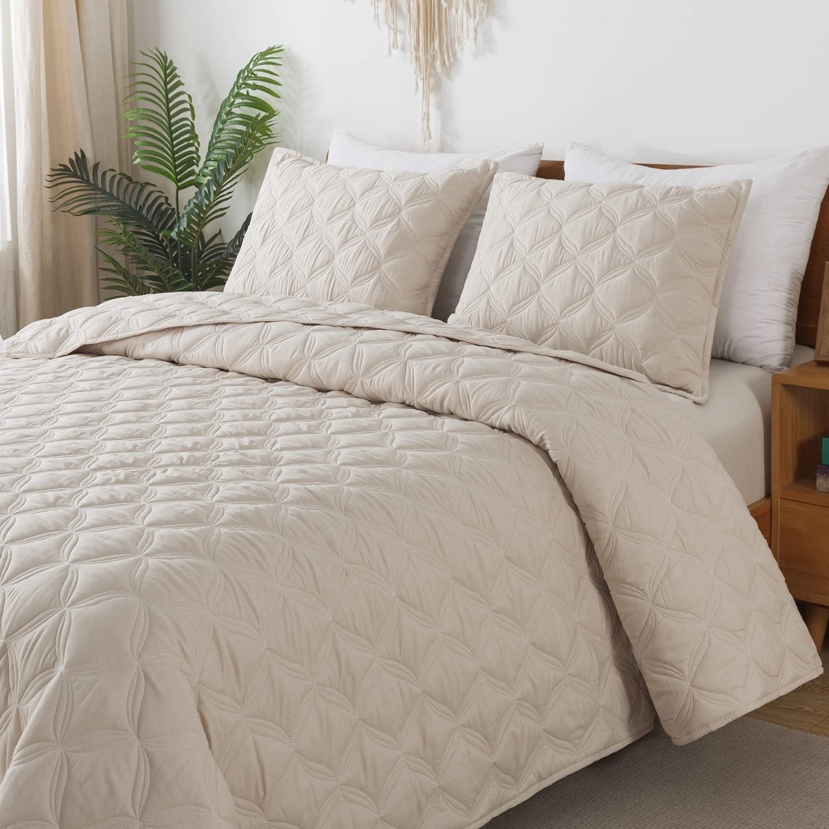 Litanika Beige California King Size Quilt Set - Oversized Summer Lightweight Comforter Bedspreads & Coverlets - Boho Farmhouse B