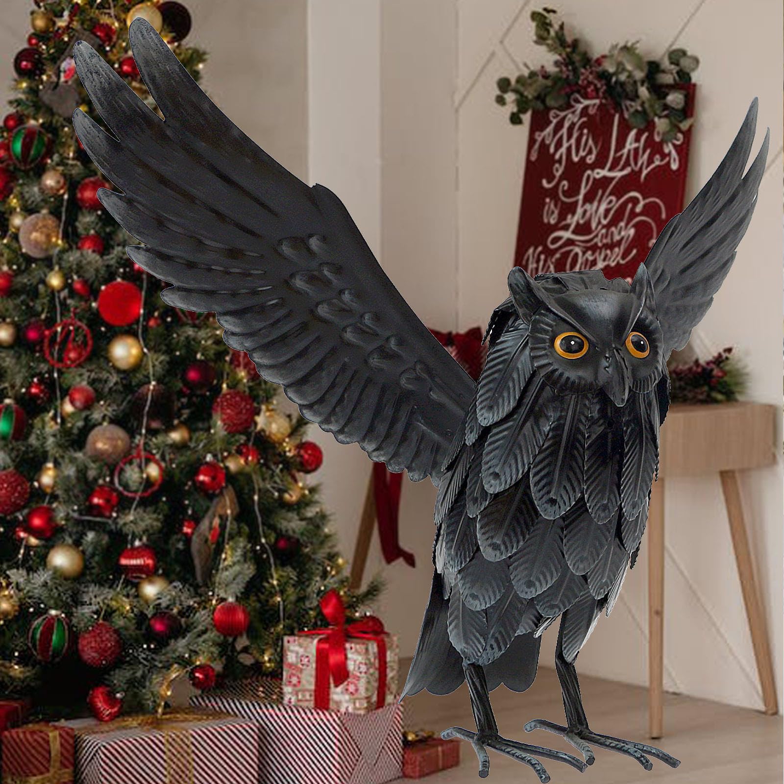 Natelf Solar Owl Decoy Sculptures & Statues Halloween Decoration, Standing Metal Owl Deterrent To Scare Birds Squirrels Away For