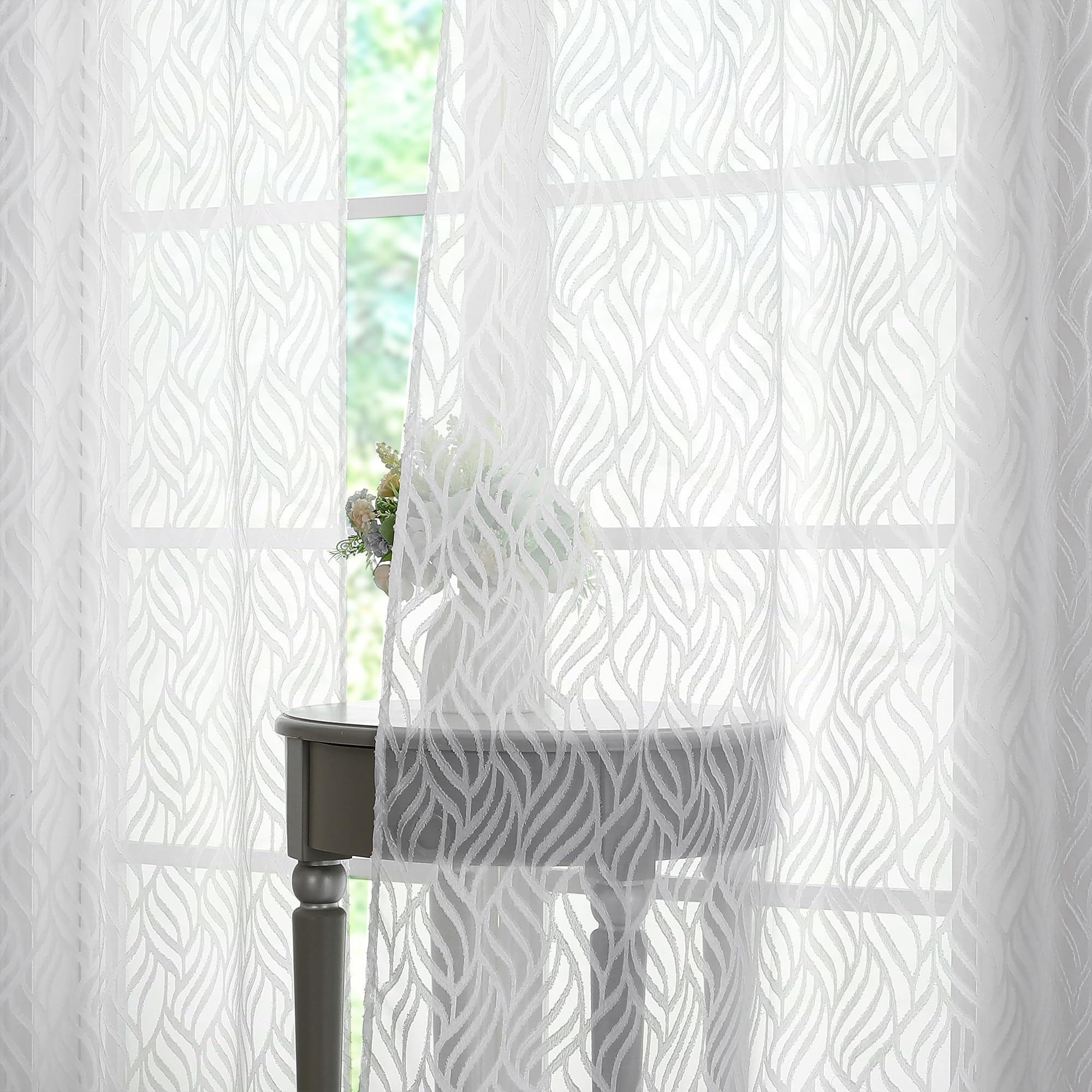 Chyhomenyc Marilyn White Sheer Curtains 72 Inch Length 2 Panels, Light Filtering Soft Airy 3D Leaf Clip Jacquard Textured Sheer