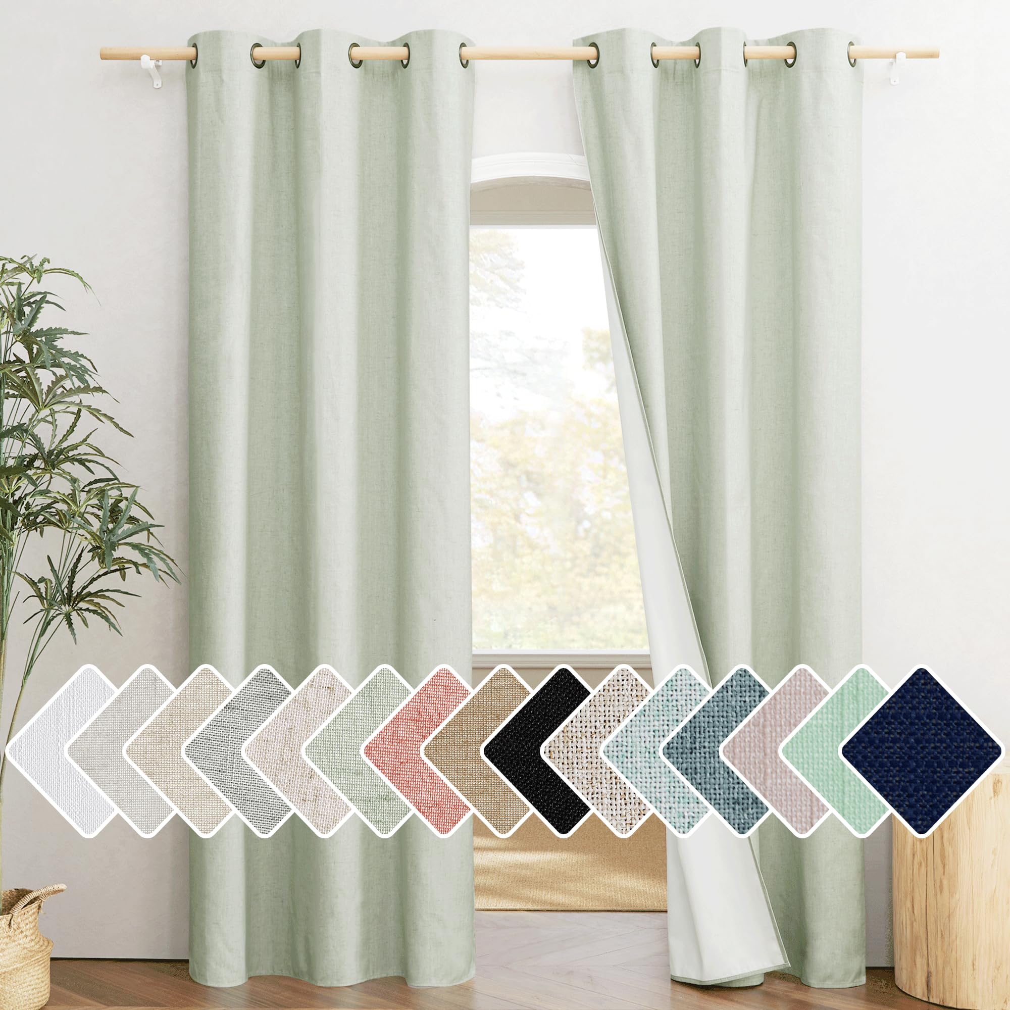 Nicetown Sage Green 100% Blackout Linen Texture Curtains 84 Inches Long 2 Panels For Boy'S Room, Thermal Insulated Full Blackout 2-Layer Lined Cold Reducing Drapes, Energy Efficiency Window Draperies