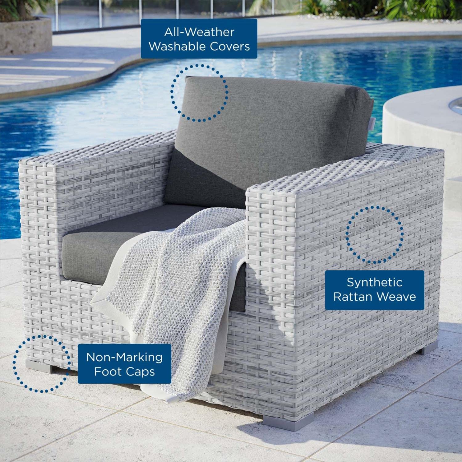Modway Convene Wicker Rattan Outdoor Patio Armchair in Light Gray Charcoal