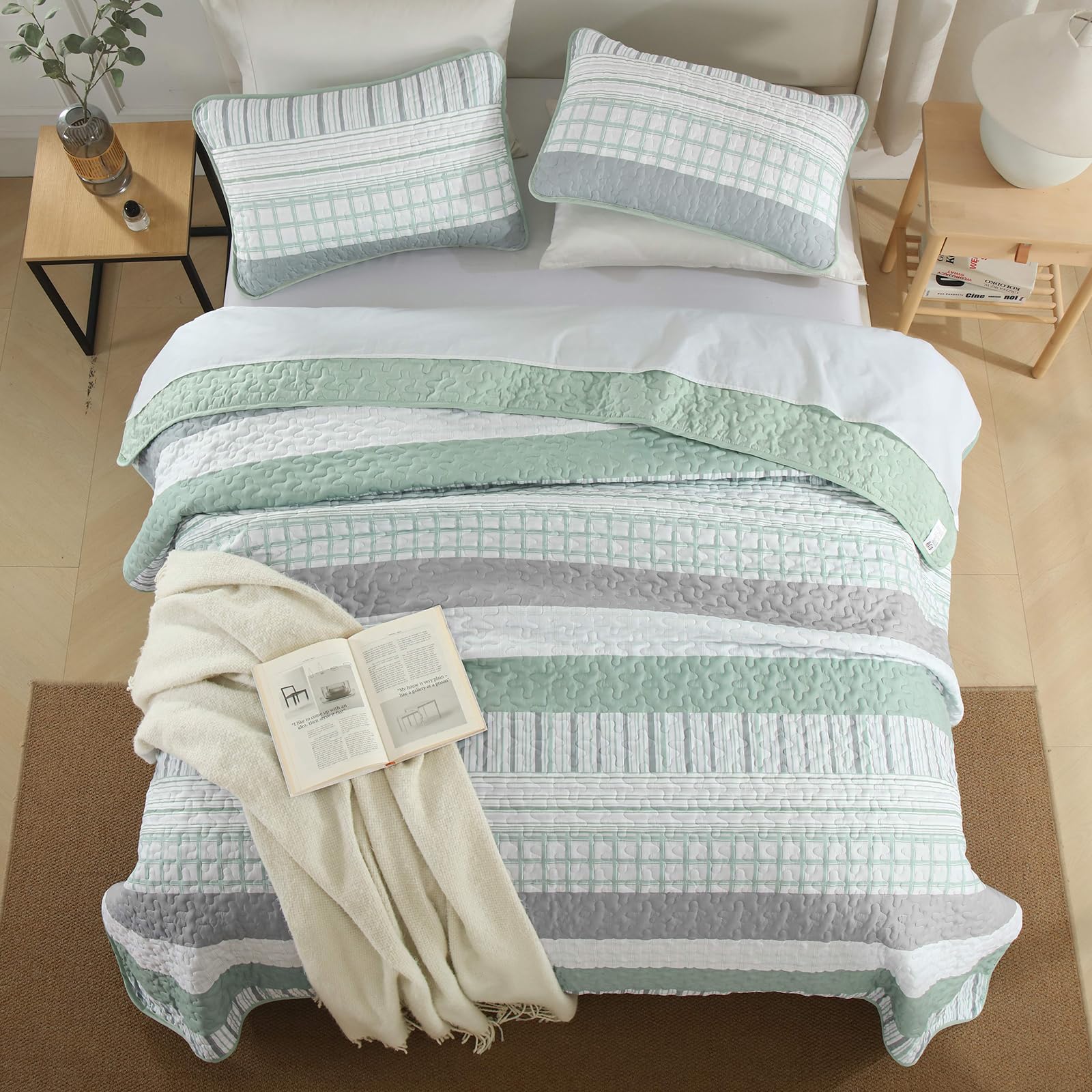 Djy Striped Quilt Set King Size, Sage Green Boho Bedspread Set 3 Pieces Patchwork Coverlet Bedding Set Lightweight Soft Microfib